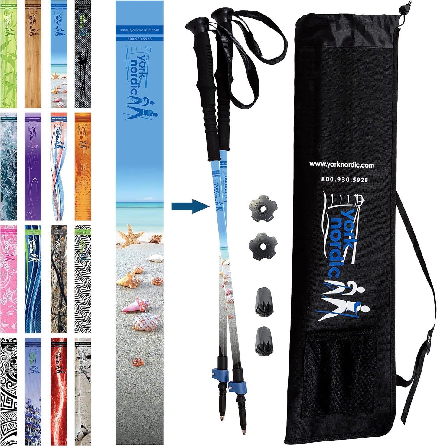 York Nordic Hiking & Walking Poles - Cushion Foam Grips w/Nordic Strap - Lightweight, Adjustable, and Great for Balance -2 Pieces w/Flip Locks, and Travel Bag - Heights 5'4"-6'2"