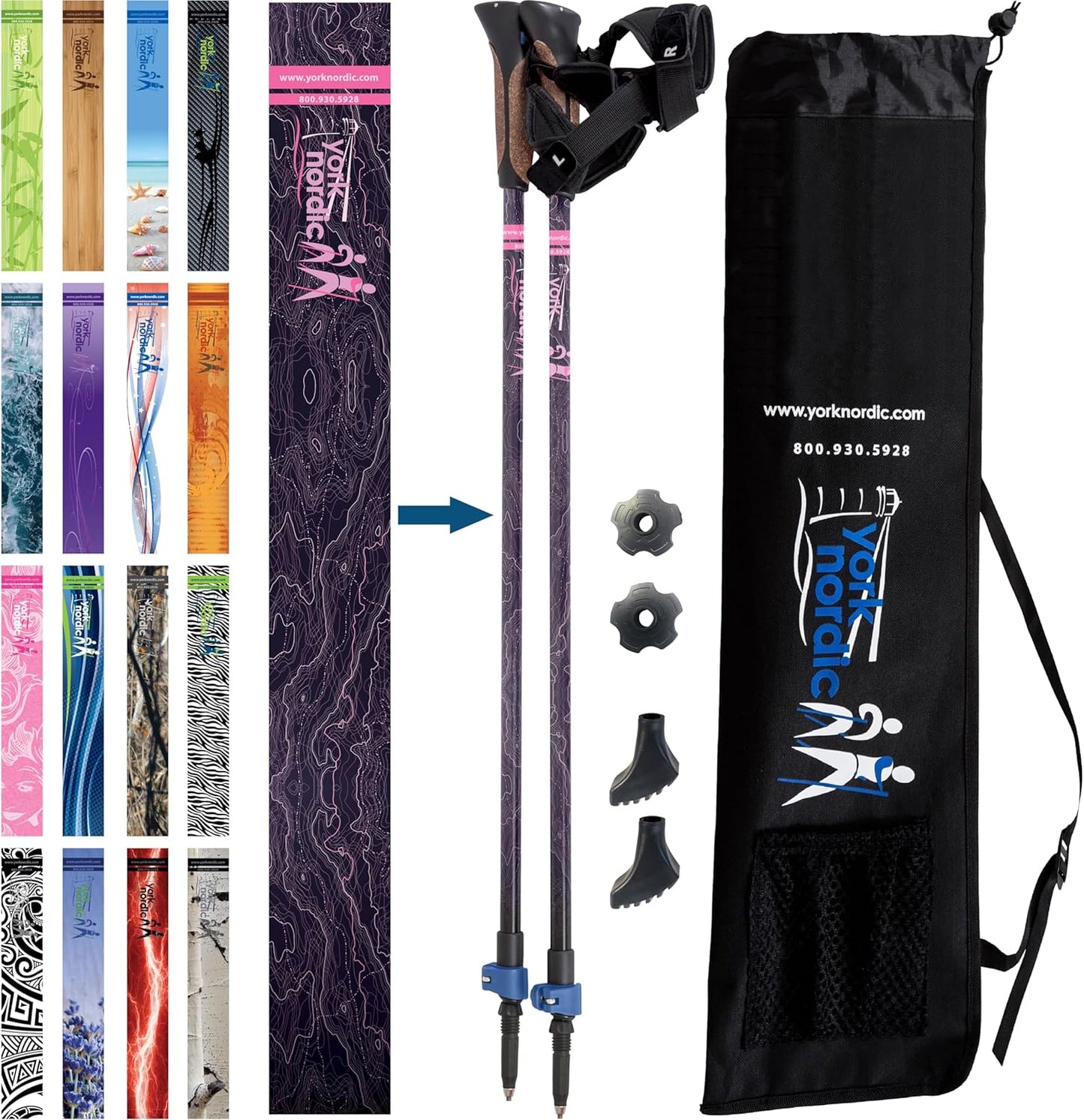 Official Nordic Walking Poles - True Classic Nordic Glove Grips, Lightweight, Adjustable, and Collapsible -2 Pieces w/flip Locks, Detachable Feet and Travel Bag by York Nordic - Heights 5'4"-6'2"