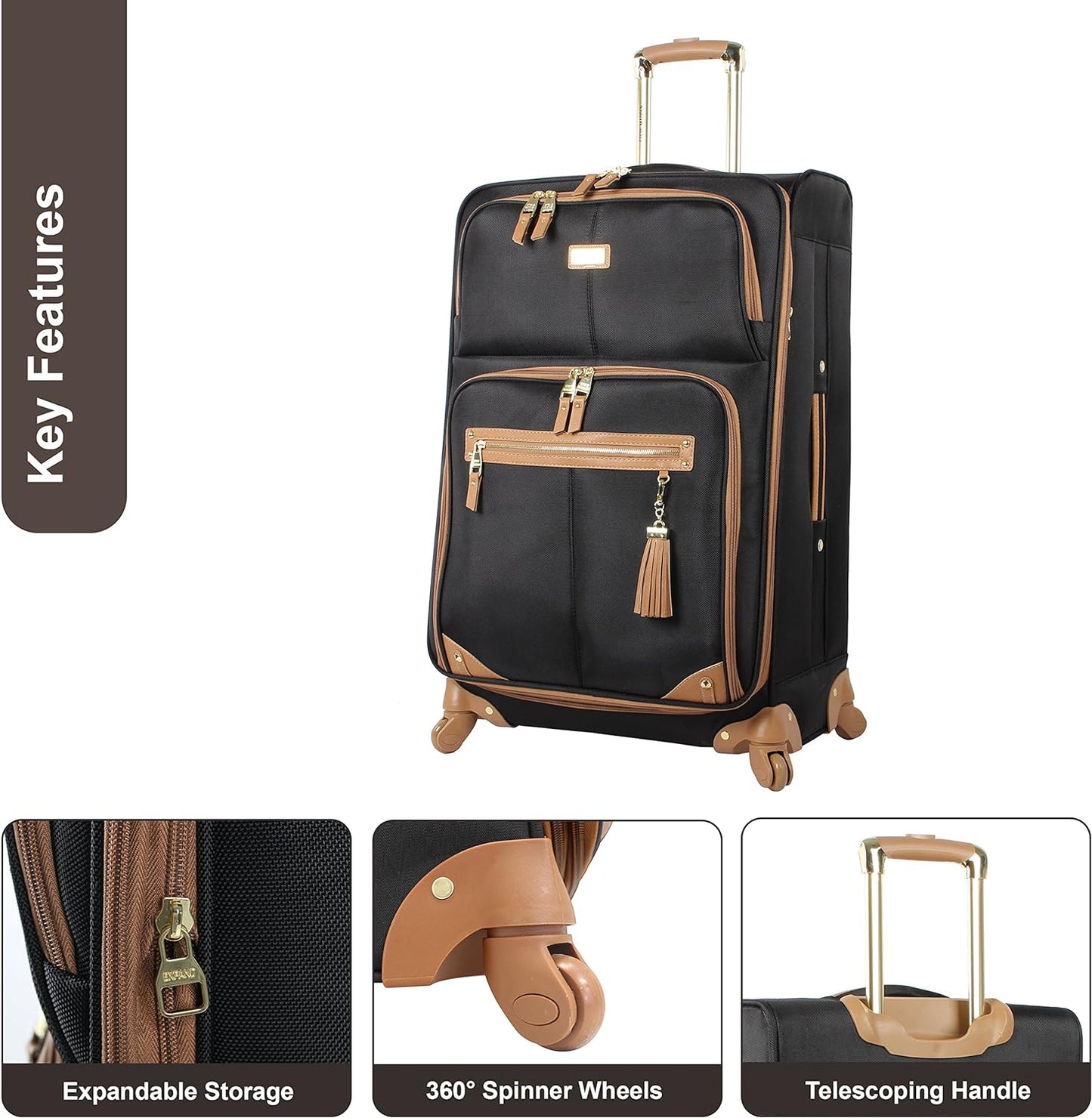 Steve Madden Designer-Gepckkollektion Leichter Softside-Koffer fr Damen und Herren strapazierfhige 50,8 cm groe Tragetasche mit 4 rollenden Spinner-Rdern, Harlo Black, 20in, Carry on Bag With Spinner