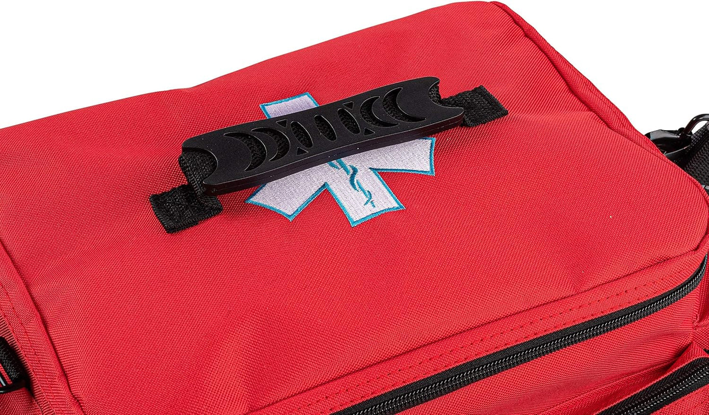 Scherber First Responder Fully-Stocked Professional Essentials EMT/EMS Trauma Kit | HSA/FSA Approved | Reflective Bag w/8 Zippered Pockets & Compartments & 200+ First Aid Supplies - Red