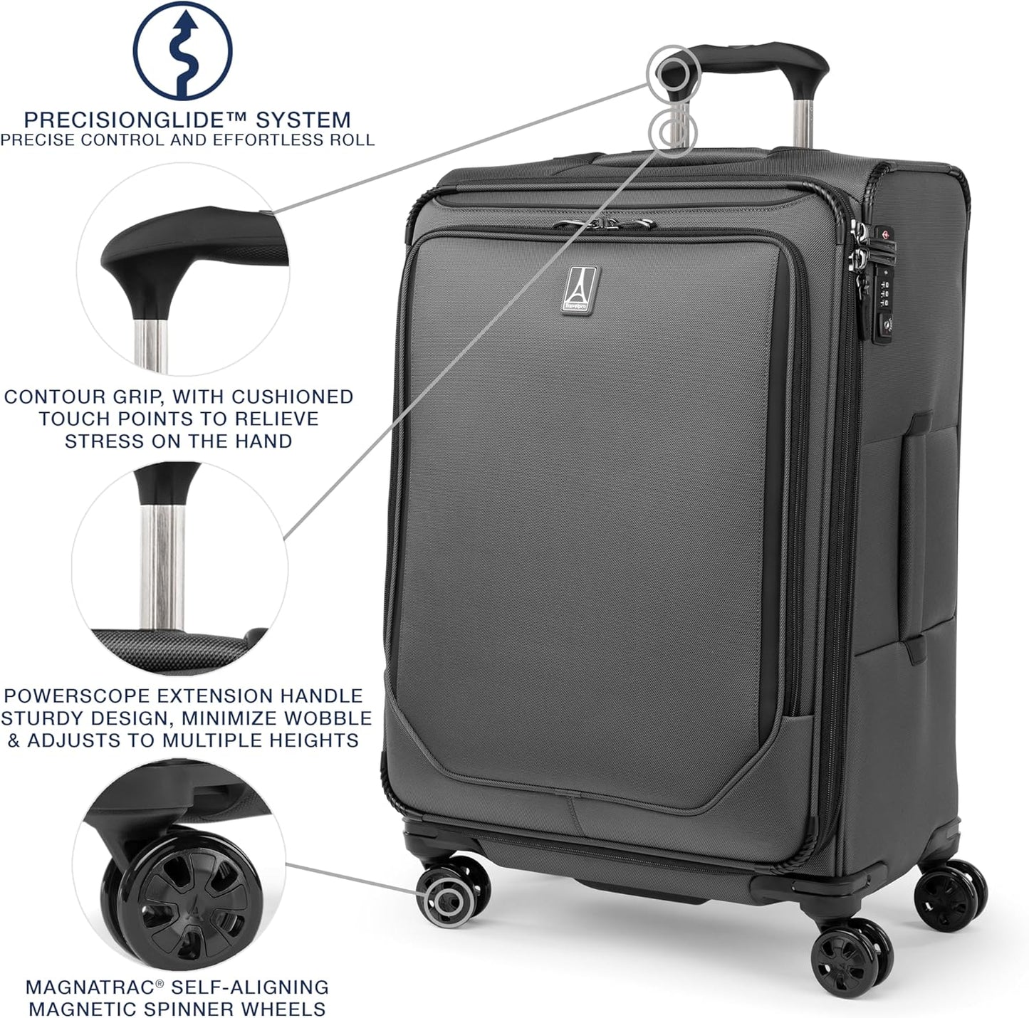 Travelpro Crew Classic Lightweight Softside Expandable Checked Luggage, 8 Wheel Spinner Suitcase, TSA Lock, Men and Women, Checked Medium 25-Inch, Titanium Grey
