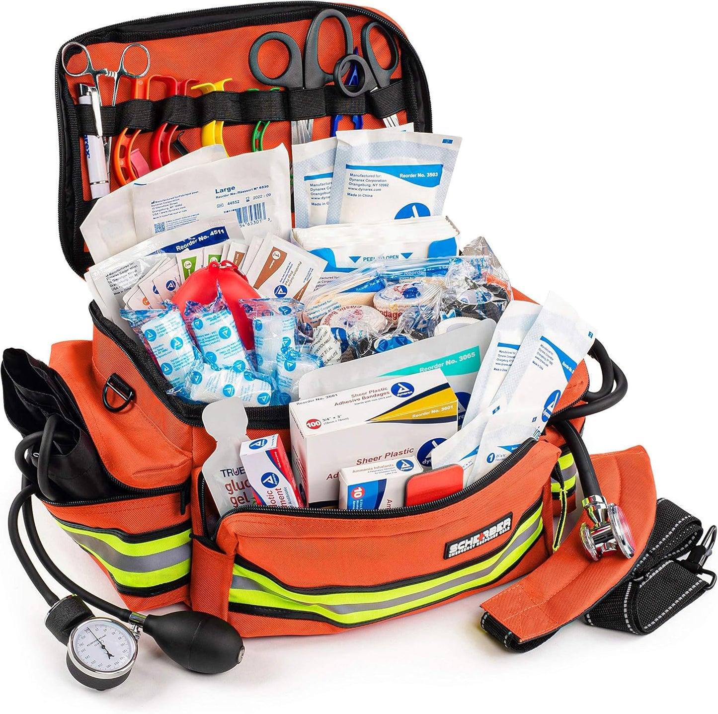 Scherber First Responder Fully-Stocked Professional Essentials EMT/EMS Trauma Kit | HSA/FSA Approved | Reflective Bag w/8 Zippered Pockets & Compartments & 200+ First Aid Supplies - Orange