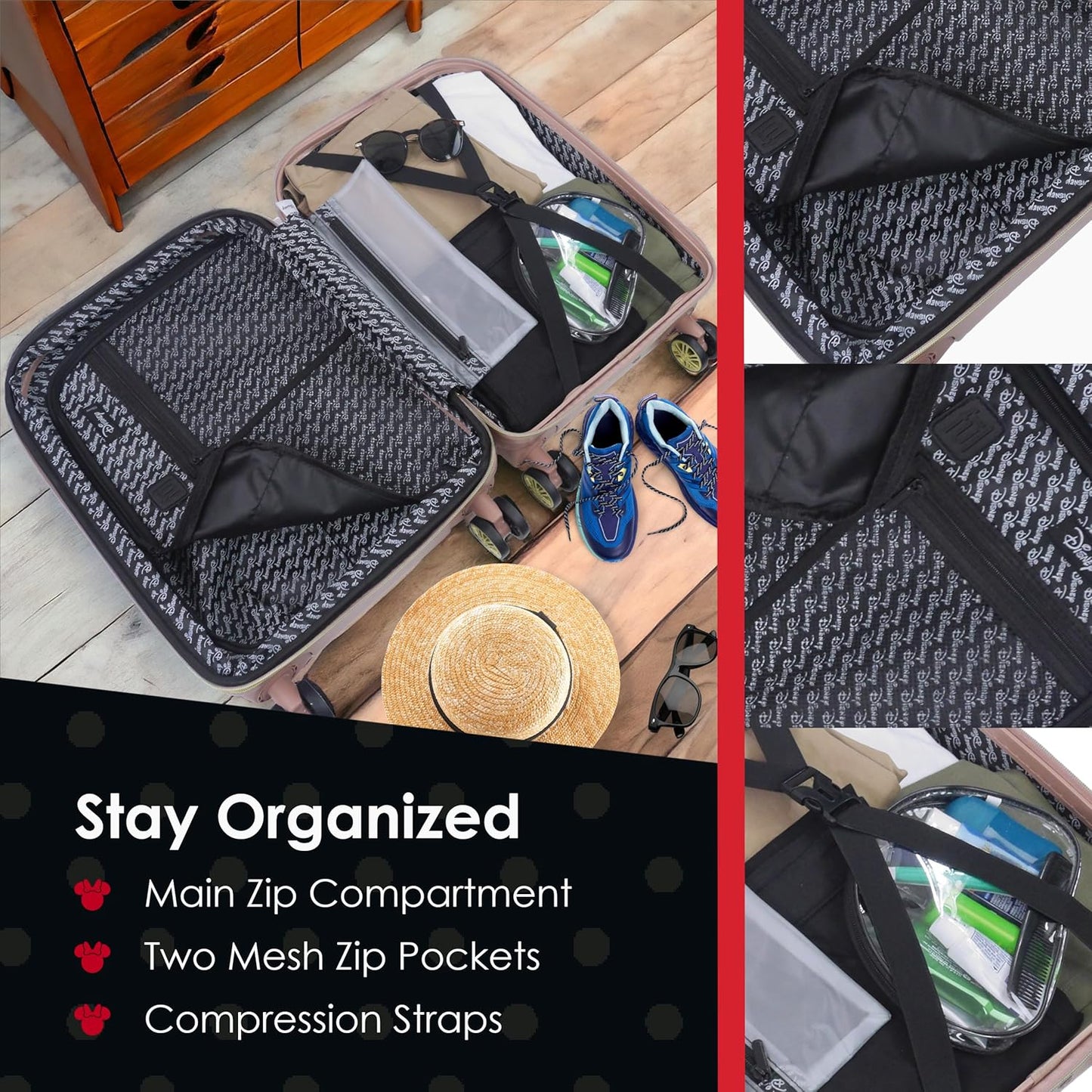 FUL Disney Rolling Luggage, Textured Hardshell Suitcase with Wheels, Minnie Mouse-Rose Gold, 25 Inch