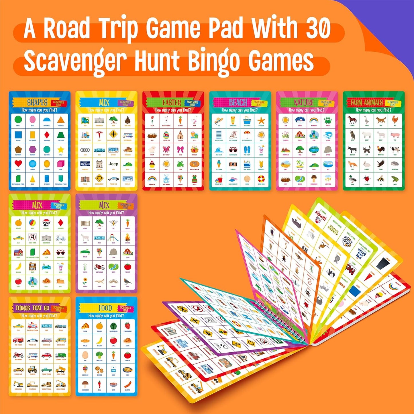 SpriteGru Scavenger Hunt Activities Book, 30 Road Trip Bingo Games, Reusable & Erasable Game Pad, Interesting Explore and Find Activity Travel Toy for Road Trip, Airplane Travel