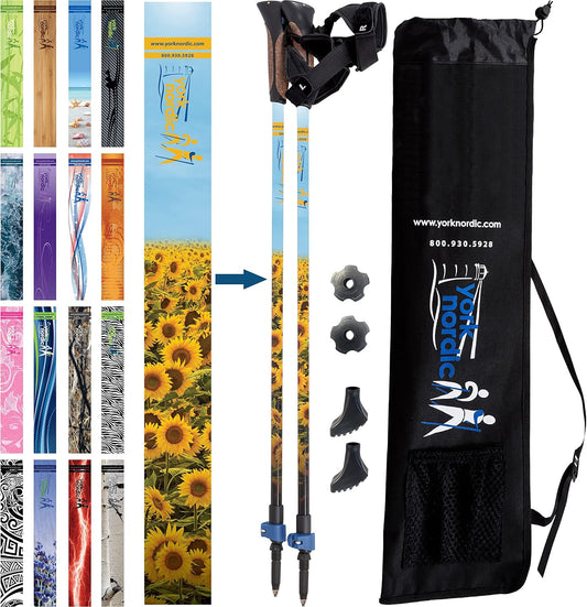 Official Nordic Walking Poles - True Classic Nordic Glove Grips, Lightweight, Adjustable, and Collapsible -2 Pieces w/flip Locks, Detachable Feet and Travel Bag by York Nordic - Heights 5'4"-6'2"
