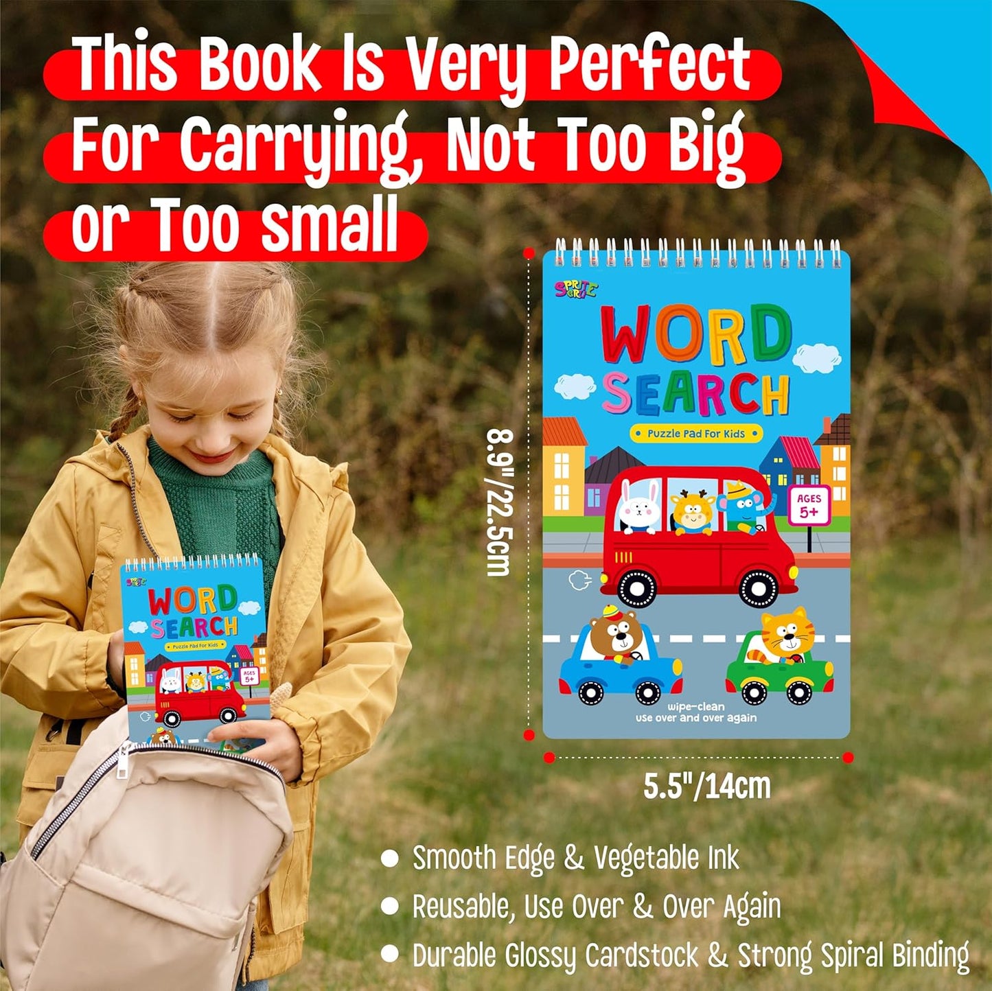 SpriteGru Dry Erase Word Search Game Pad, 30 Reusable & Erasable Word Games, Search & Find Puzzles Brain-Boosting Activity Book for Kids, Educational Toy for Road Trip Airplane Travel