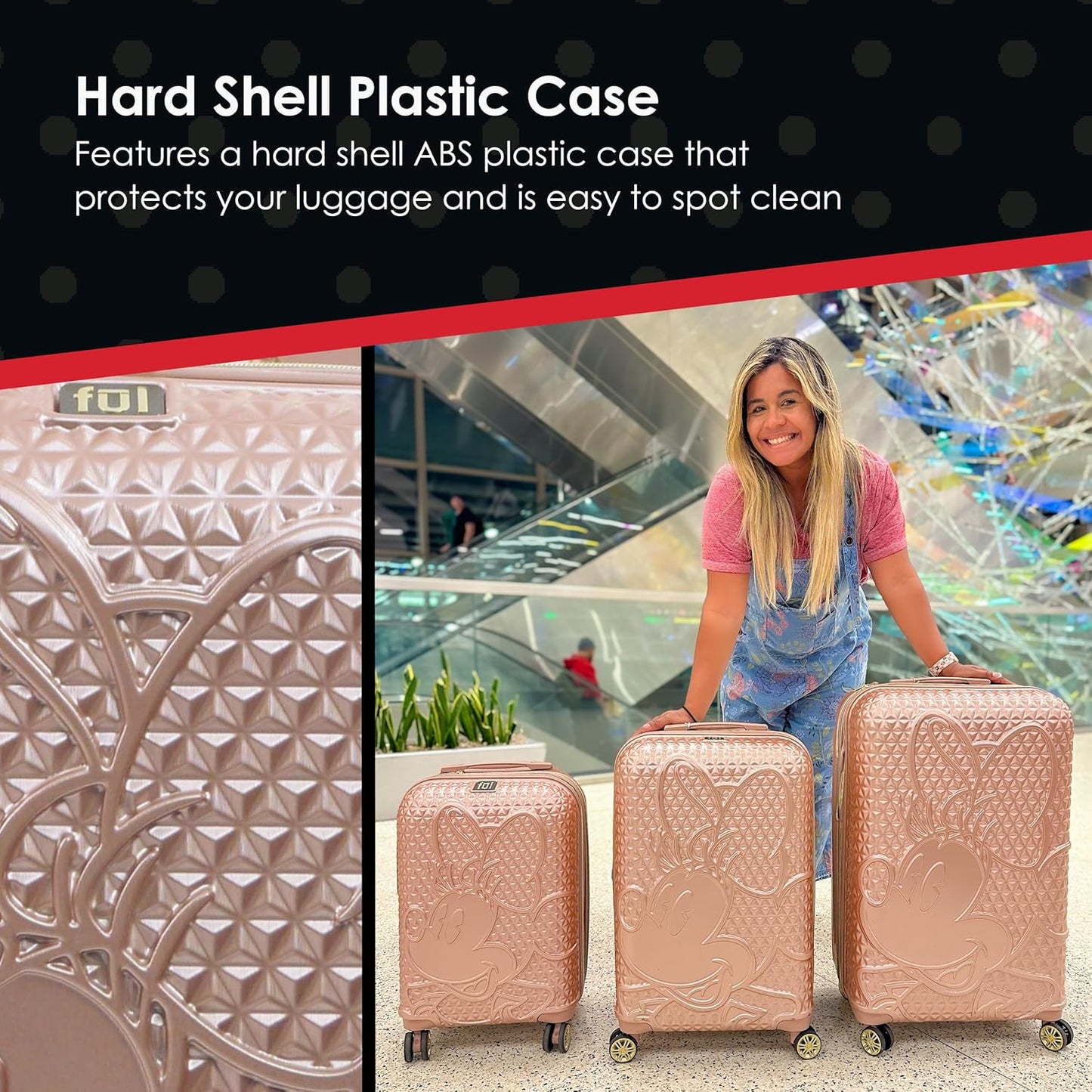 FUL Disney Rolling Luggage, Textured Hardshell Suitcase with Wheels, Minnie Mouse-Rose Gold, 3 Piece Set