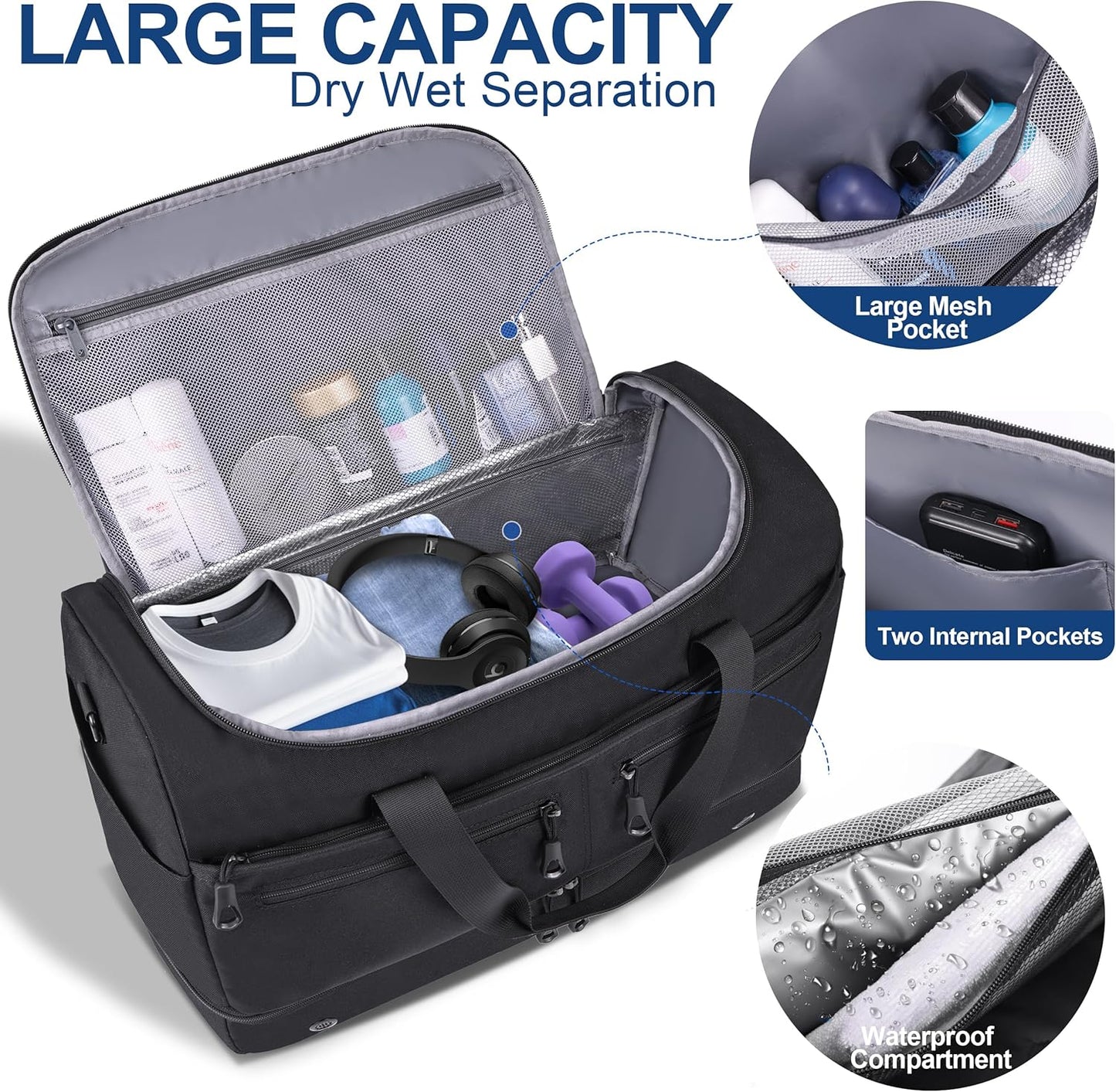 Travel Bags for Men, YKK Zipper Mens Carry On Duffle Weekender Overnight Duty Bag with Shoe Compartment & Wet Pocket & RFID Blocking Pouch