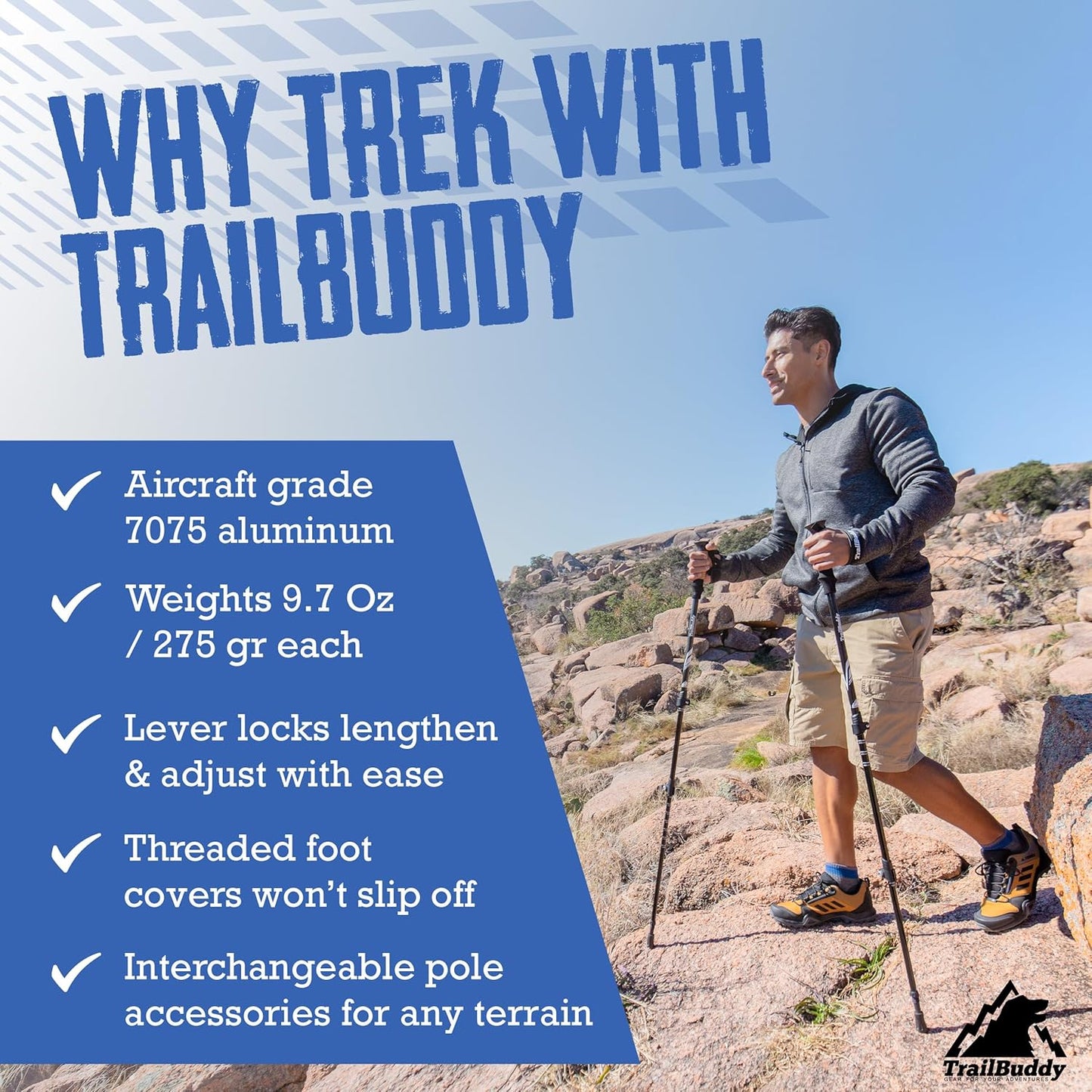 TrailBuddy Trekking Poles – Lightweight 7075 Aluminum Hiking Poles for Women, Men & Seniors – Collapsible Walking Sticks for Travel, Trails & Balance