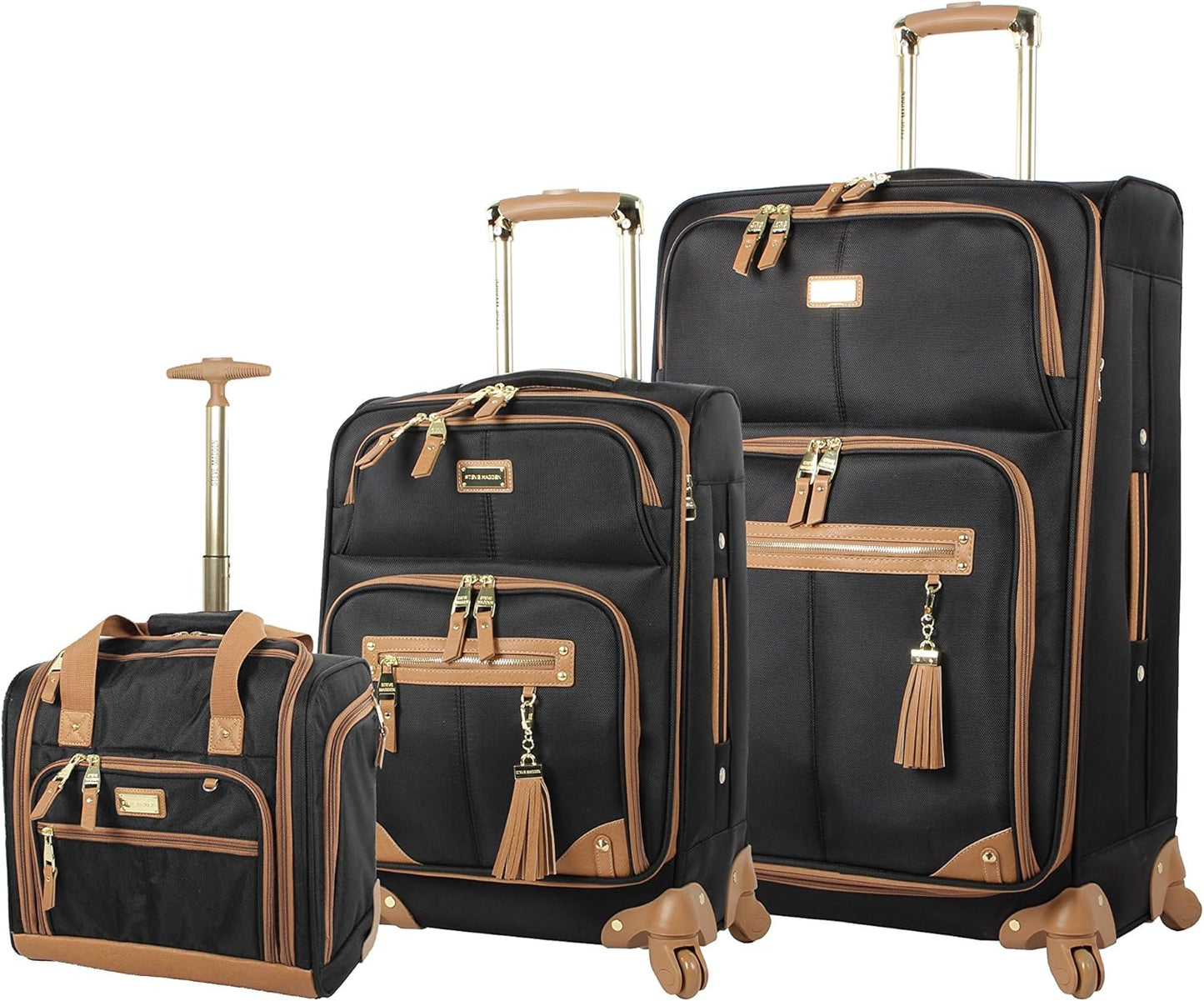 Steve Madden Designer Luggage Collection - 3 Piece Softside Expandable Lightweight Spinner Suitcase Set - Travel Set Includes an Under Seat Bag, 20-Inch Carry on and 28-Inch Checked Suitcase, Harlo