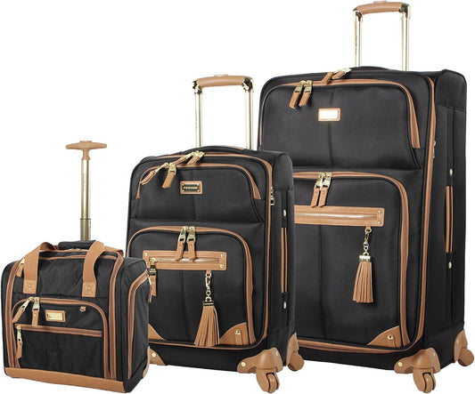 Steve Madden Designer Luggage Collection - 3 Piece Softside Expandable Lightweight Spinner Suitcase Set - Travel Set Includes an Under Seat Bag, 20-Inch Carry on and 28-Inch Checked Suitcase, Harlo
