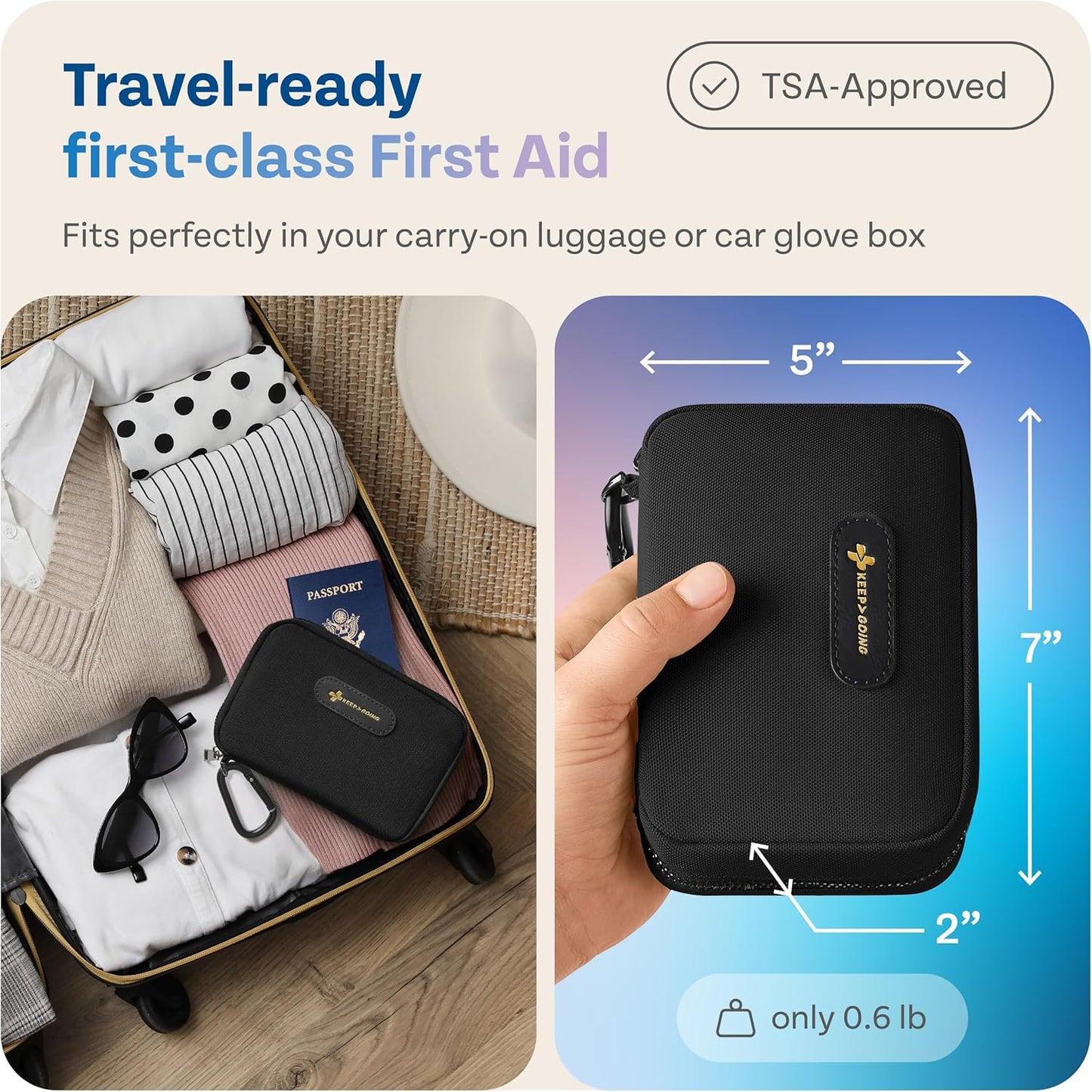 KeepGoing Travel First Aid Kit for Car, Home, Hiking, Camping and Outdoor Emergencies - First Aid Kit Travel Size TSA-Approved