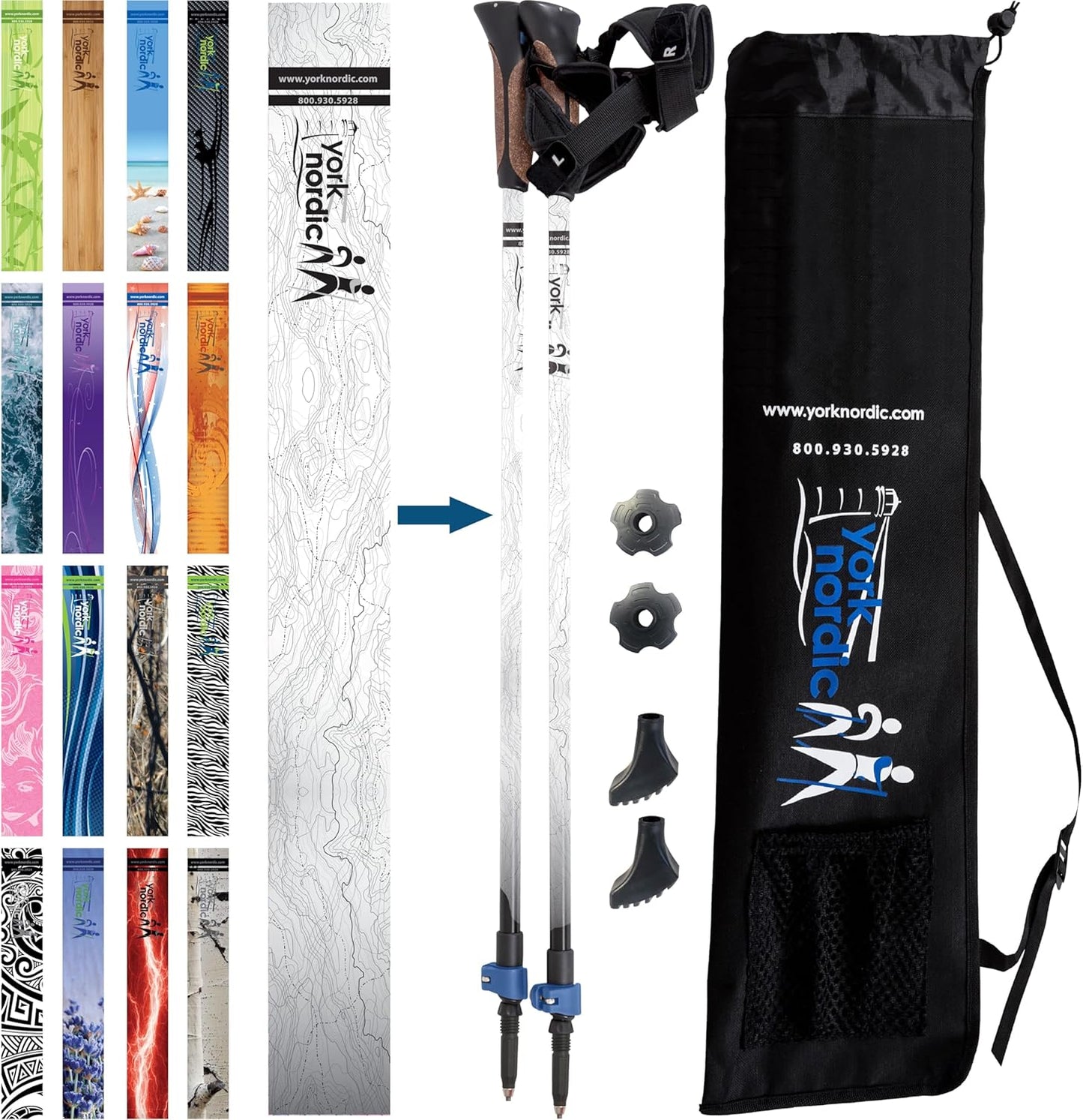 Official Nordic Walking Poles - True Classic Nordic Glove Grips, Lightweight, Adjustable, and Collapsible -2 Pieces w/flip Locks, Detachable Feet and Travel Bag by York Nordic - Heights 5'4"-6'2"