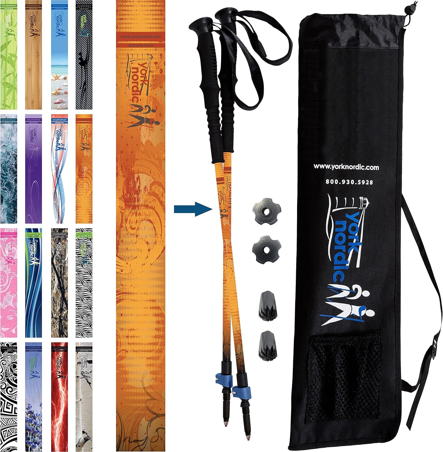 York Nordic Hiking & Walking Poles - Cushion Foam Grips w/Nordic Strap - Lightweight, Adjustable, and Great for Balance -2 Pieces w/Flip Locks, and Travel Bag - Heights 5'4"-6'2"