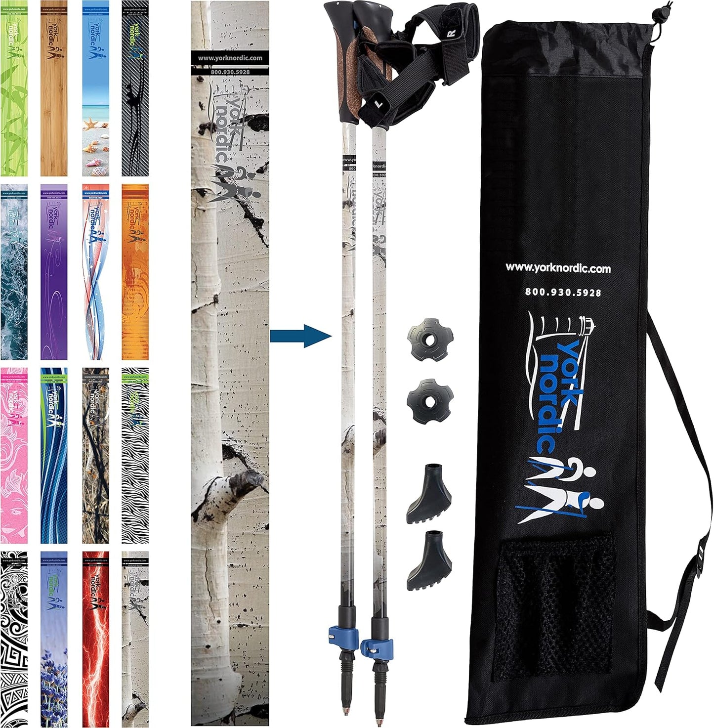 Official Nordic Walking Poles - True Classic Nordic Glove Grips, Lightweight, Adjustable, and Collapsible -2 Pieces w/flip Locks, Detachable Feet and Travel Bag by York Nordic - Heights 5'4"-6'2"