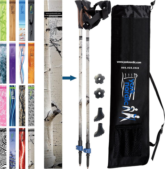 Official Nordic Walking Poles - True Classic Nordic Glove Grips, Lightweight, Adjustable, and Collapsible -2 Pieces w/flip Locks, Detachable Feet and Travel Bag by York Nordic - Heights 5'4"-6'2"