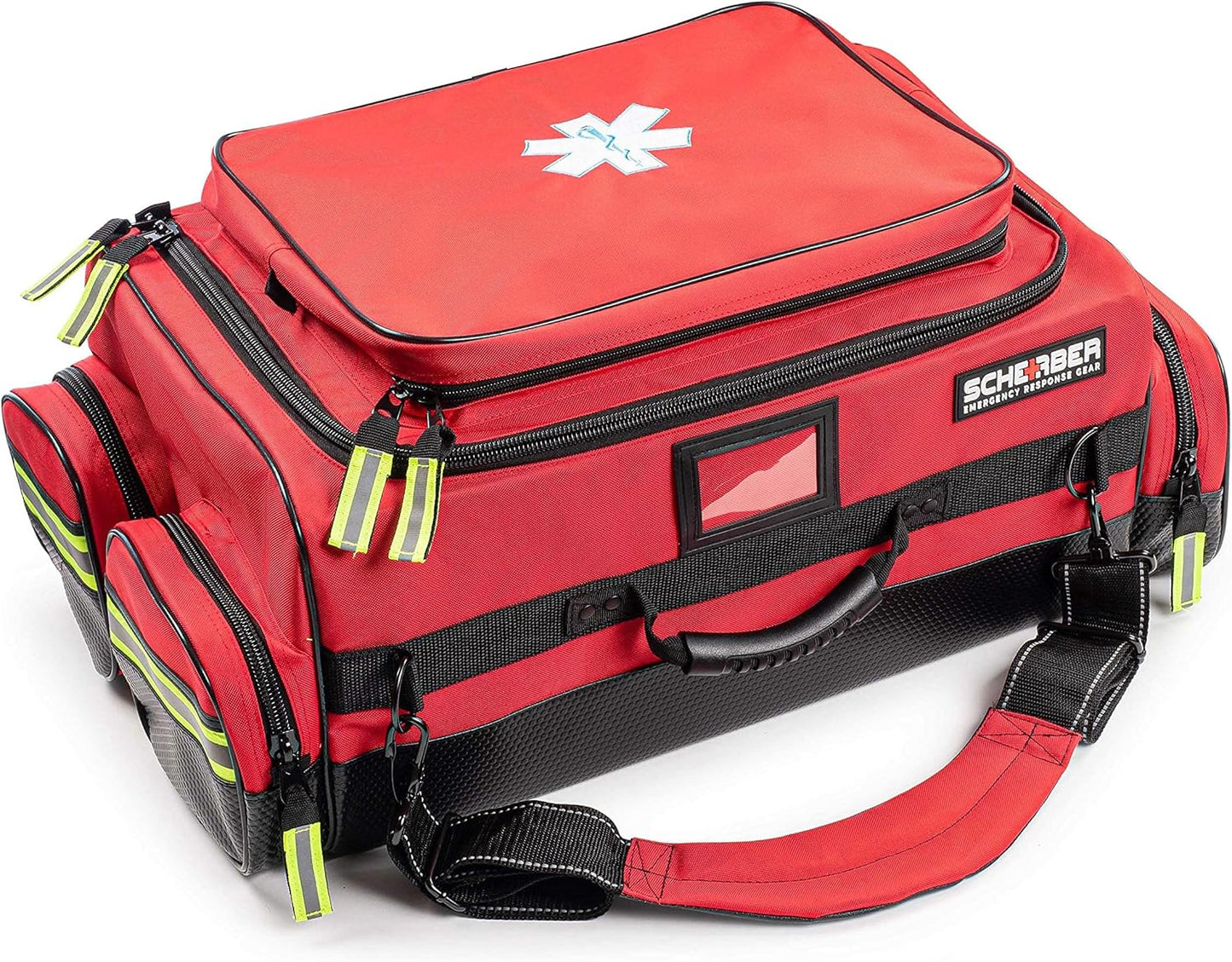 Scherber Fully-Stocked Premium First Responder Bag | HSA/FSA Approved | Large Pro EMT/EMS Trauma, Bleeding & Oxygen Medical Kit | CAT Tourniquet, HyFin Chest Seal & 250+ First Aid Supplies (Red)
