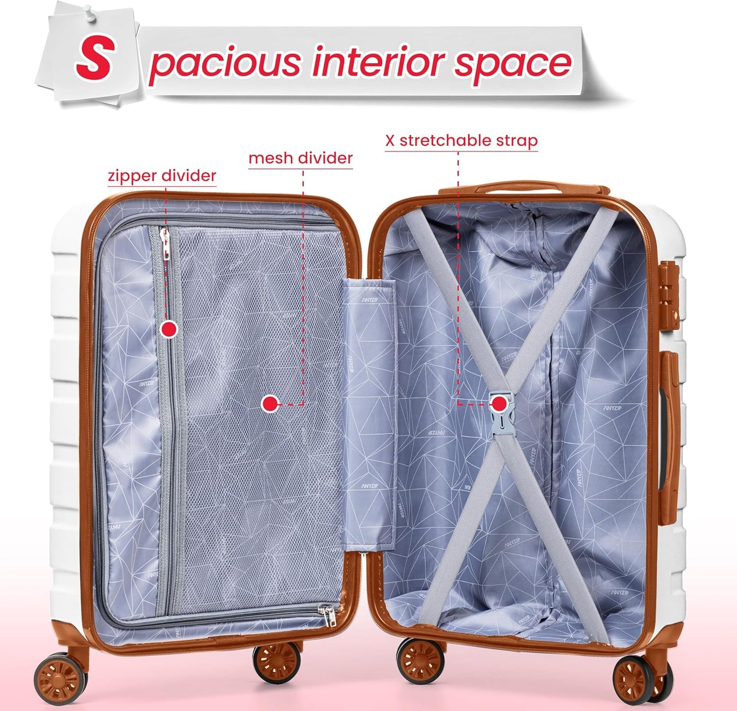 AnyZip Luggage Sets 3 Piece Hardshell Suitcase Set PC ABS Lightweight Travel Suitcases with 4 Double Spinner Wheels TSA Lock 20 24 28 Inch White Brown