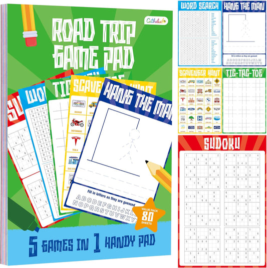 Road Trip Game Pad, 80 Perforated Sheets Travel Activity Pad, 5 Games in 1 Pad, Plane, Car Trip Activity, Pen Pencil & Paper Game for Kids, Adults (6” x 9”)