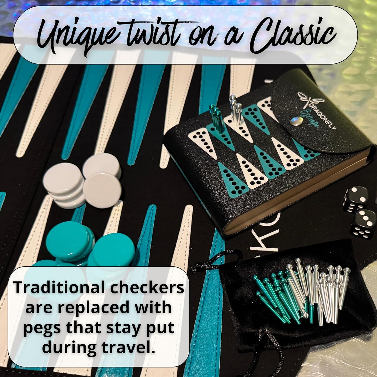 Folding Travel Backgammon Set | Pocket Backgammon Game – Folding PU Leather Board with Pegs, Dice, Doubling Cube & Drawstring Bag – Great for Flights, Beach, Camping