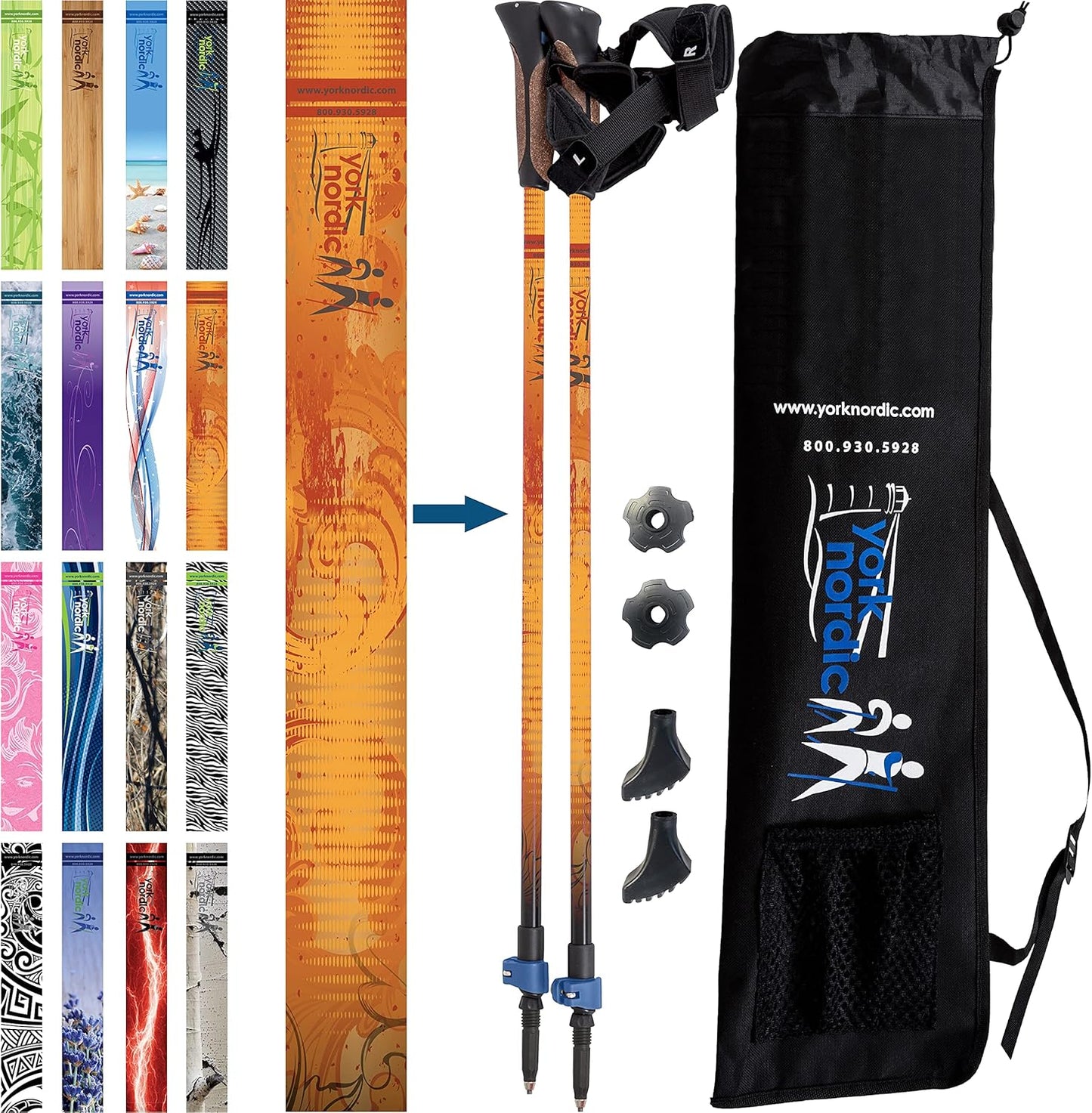 Official Nordic Walking Poles - True Classic Nordic Glove Grips, Lightweight, Adjustable, and Collapsible -2 Pieces w/flip Locks, Detachable Feet and Travel Bag by York Nordic - Heights 5'4"-6'2"