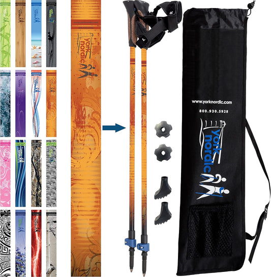 Official Nordic Walking Poles - True Classic Nordic Glove Grips, Lightweight, Adjustable, and Collapsible -2 Pieces w/flip Locks, Detachable Feet and Travel Bag by York Nordic - Heights 5'4"-6'2"