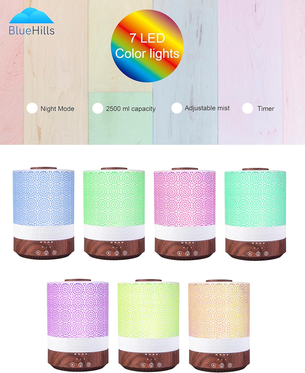 BlueHills 2500 ML XL Essential Oil Diffuser for Large Room Aroma Humidifier Home Decor Bed Baby Room Big Huge 2.5 L Capacity Long Run Color Lights Decorative Design High Mist Dark Wood Grain F004