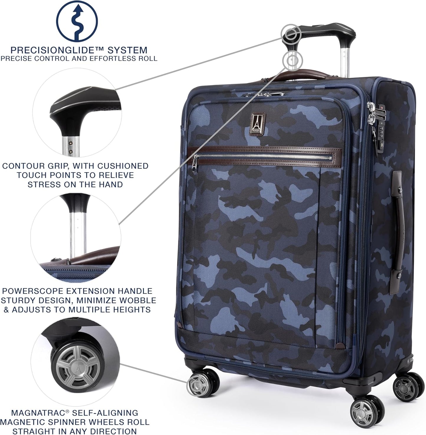 Travelpro Platinum Elite Softside Expandable Checked Luggage, 8 Wheel Spinner Suitcase, TSA Lock, Men and Women, Navy Camouflage, Checked Medium 25-Inch
