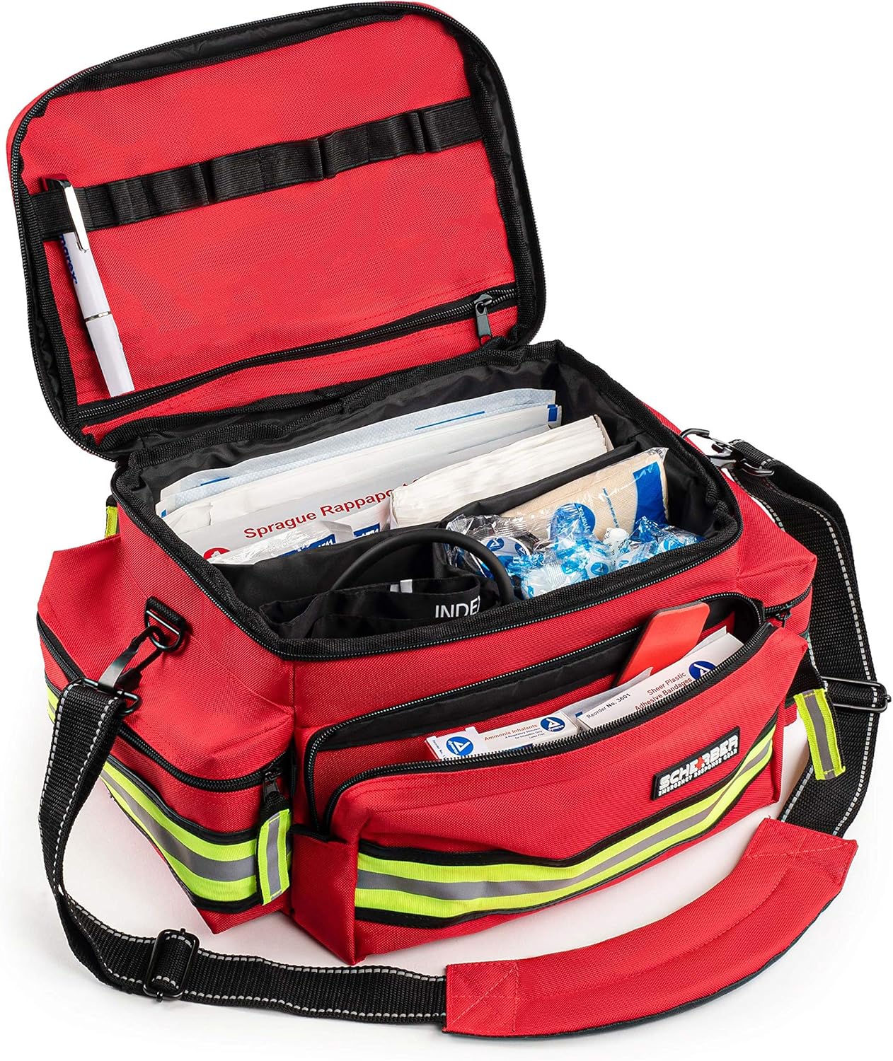Scherber First Responder Fully-Stocked Professional Essentials EMT/EMS Trauma Kit | HSA/FSA Approved | Reflective Bag w/8 Zippered Pockets & Compartments & 200+ First Aid Supplies - Red