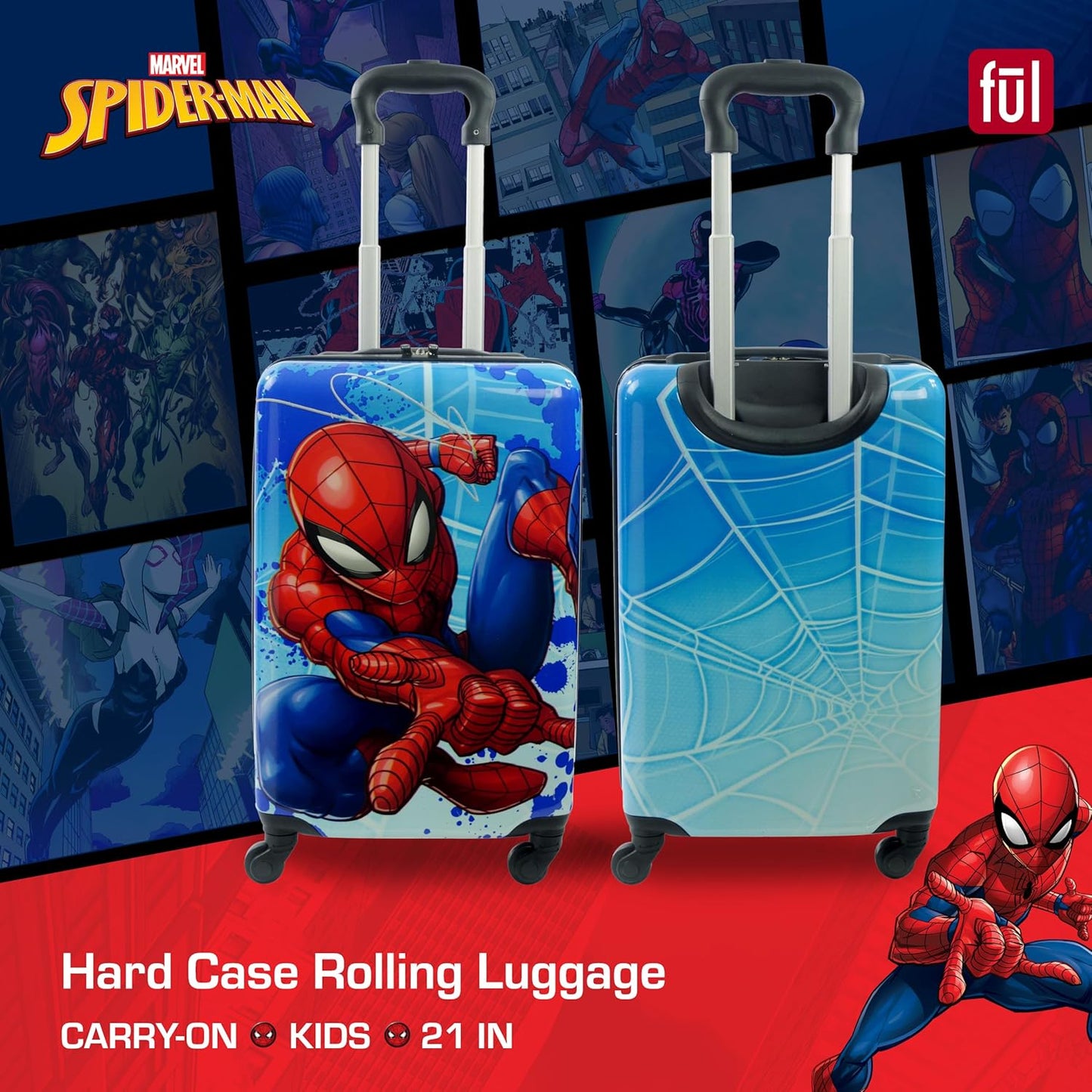 FUL Marvel Spider-Man 21 Inch Kids Carry On Luggage, Hardshell Rolling Suitcase with Spinner Wheels, Multi
