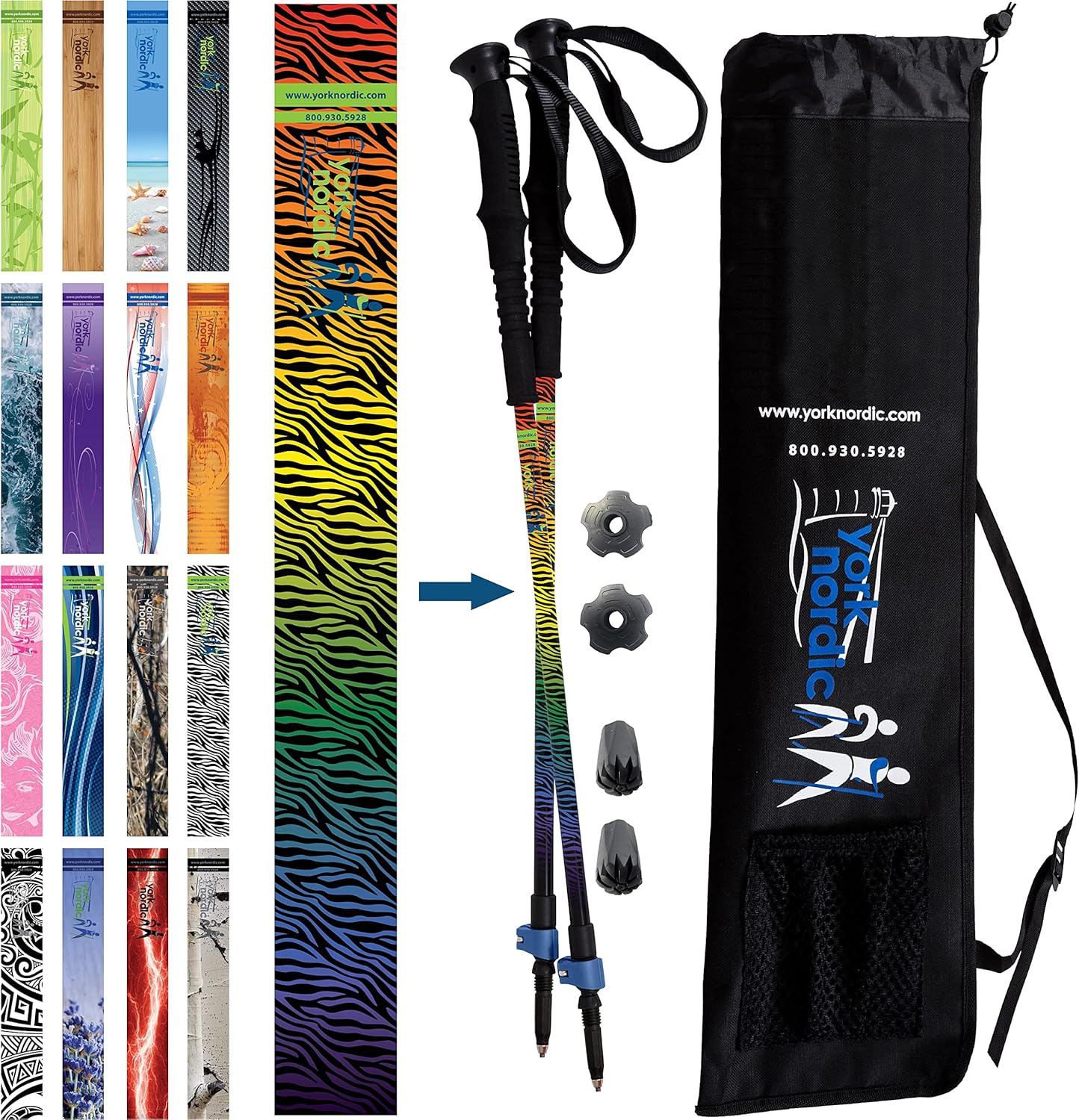 York Nordic Hiking & Walking Poles - Cushion Foam Grips w/Nordic Strap - Lightweight, Adjustable, and Great for Balance -2 Pieces w/Flip Locks, and Travel Bag - Heights 5'4"-6'2"