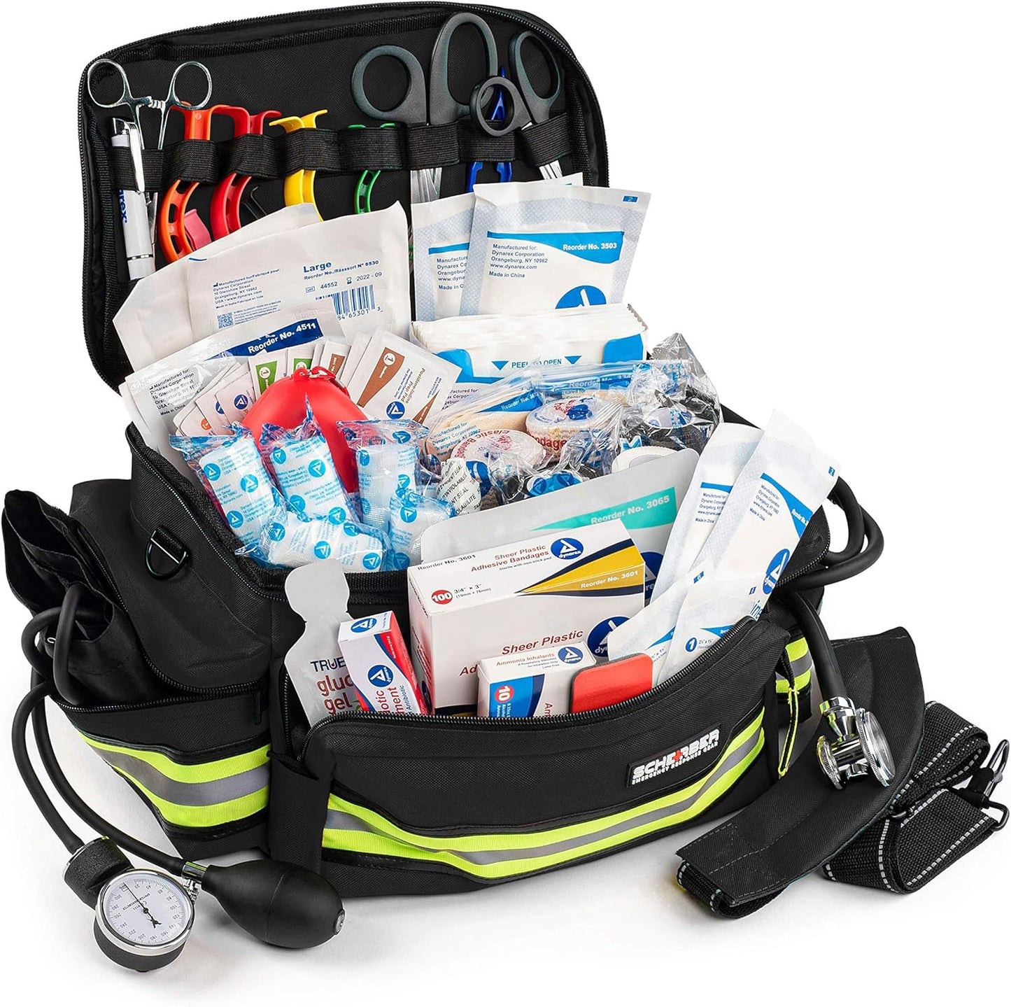 Scherber First Responder Fully-Stocked Professional Essentials EMT/EMS Trauma Kit | HSA/FSA Approved | Reflective Bag w/8 Zippered Pockets & Compartments & 200+ First Aid Supplies - Black