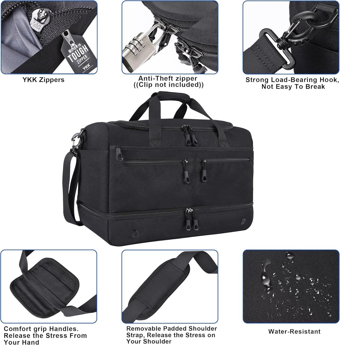 Travel Bags for Men, YKK Zipper Mens Carry On Duffle Weekender Overnight Duty Bag with Shoe Compartment & Wet Pocket & RFID Blocking Pouch