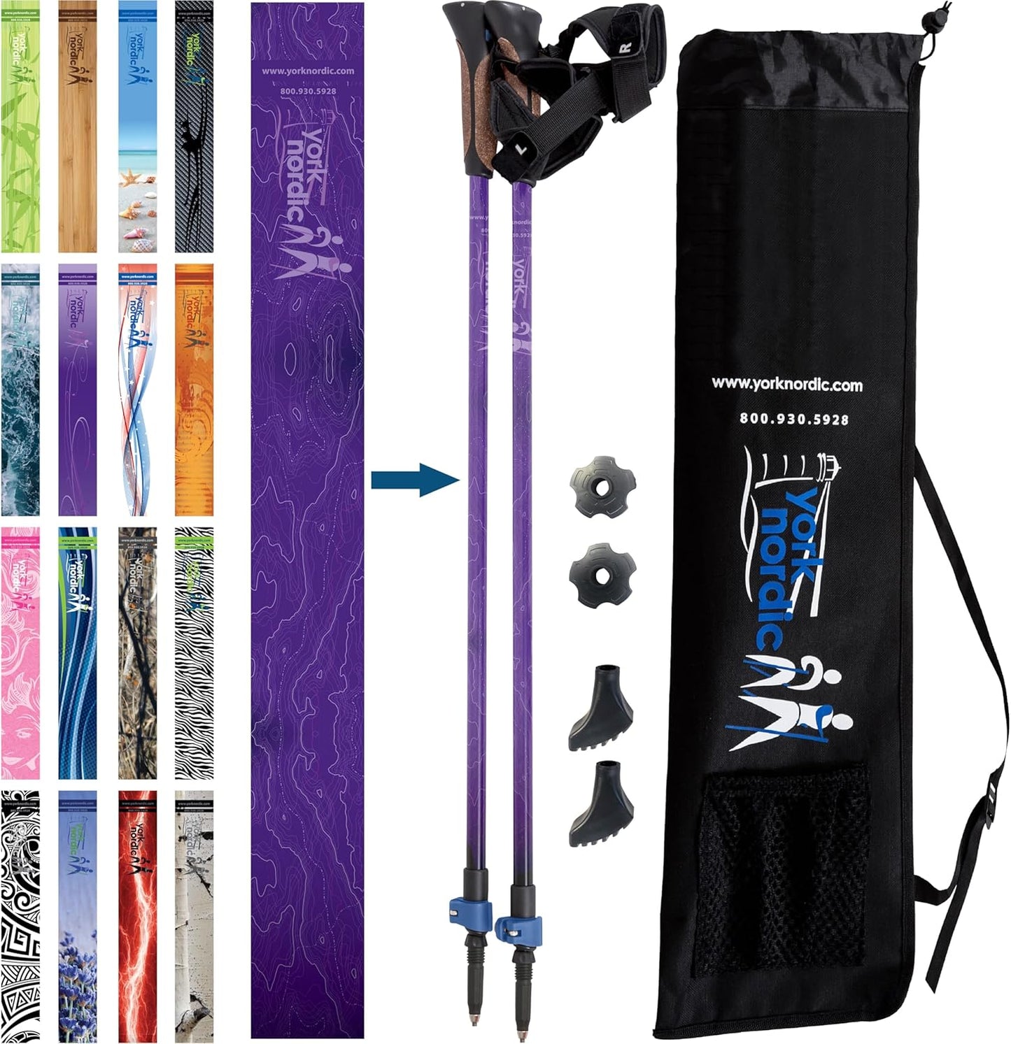 Official Nordic Walking Poles - True Classic Nordic Glove Grips, Lightweight, Adjustable, and Collapsible -2 Pieces w/flip Locks, Detachable Feet and Travel Bag by York Nordic - Heights 5'4"-6'2"