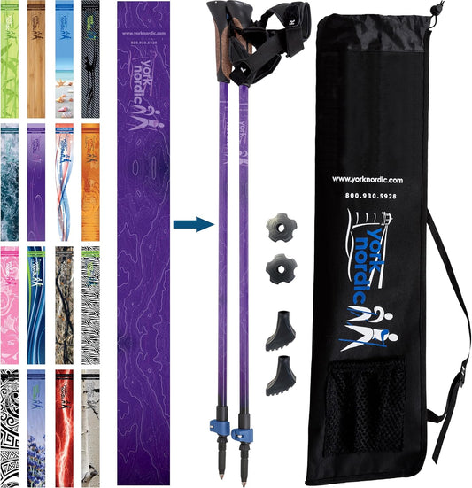 Official Nordic Walking Poles - True Classic Nordic Glove Grips, Lightweight, Adjustable, and Collapsible -2 Pieces w/flip Locks, Detachable Feet and Travel Bag by York Nordic - Heights 5'4"-6'2"