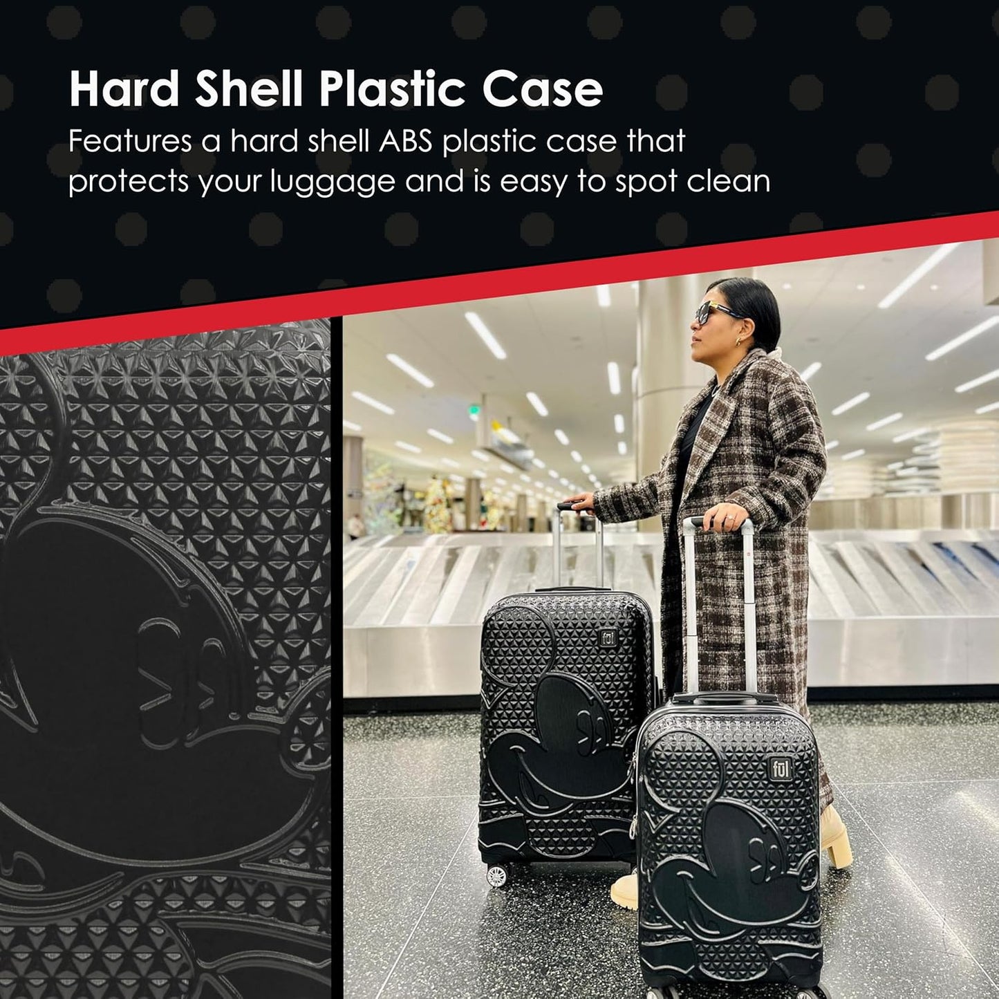 FUL Disney 26 Inch Rolling Luggage, Hardshell Suitcase with Spinner Wheels, Mickey Mouse-Black