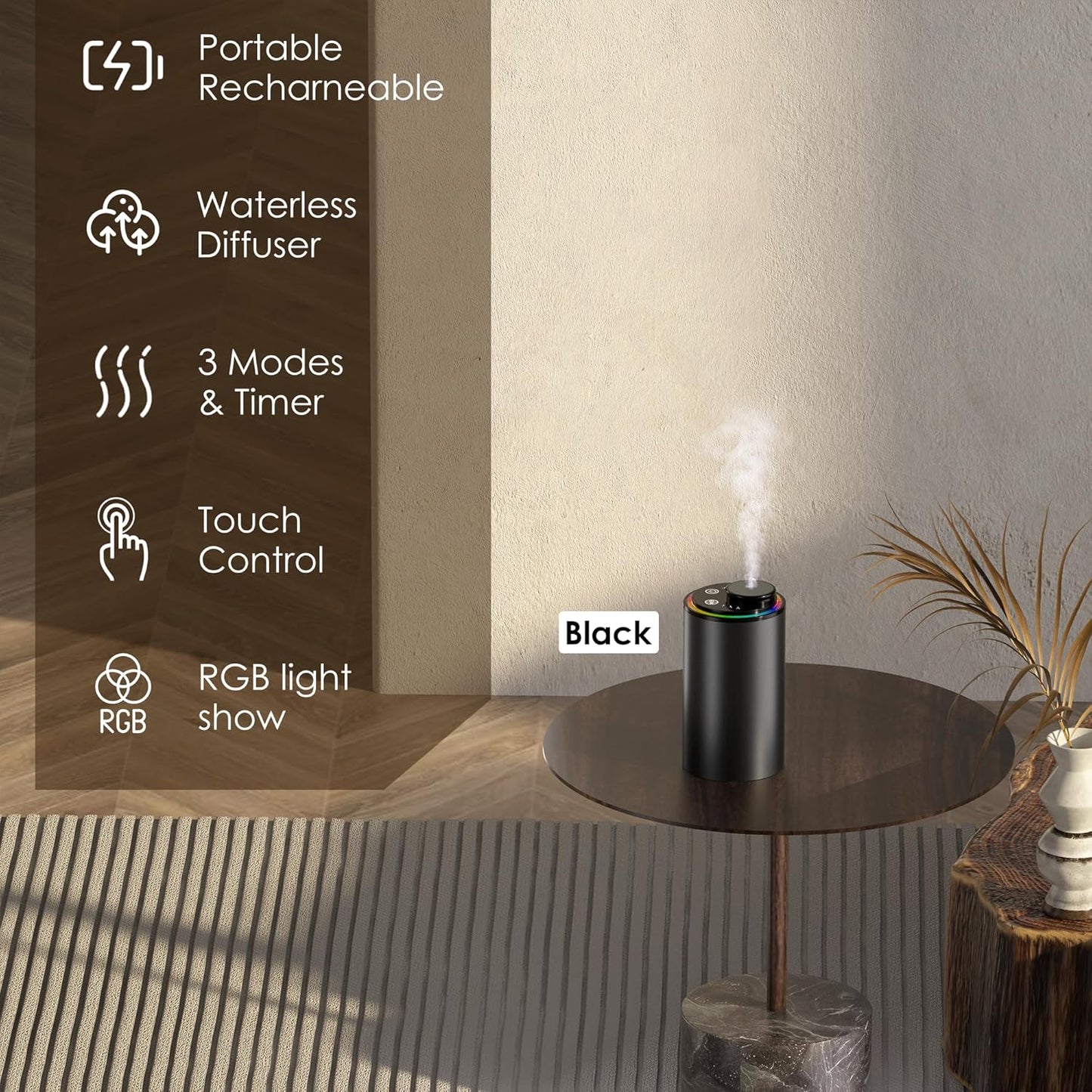 Waterless Essential Oil Diffuser, Diffuser,Portable Aromatherapy Diffuser,Light Show,3 Countdown Timers & 3 Mist Levels for Home, Room, Car, Office (Black)