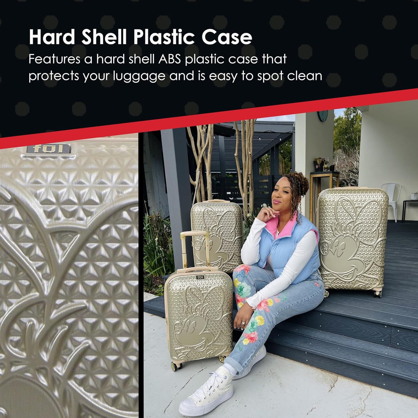 FUL Disney Rolling Luggage, Textured Hardshell Suitcase with Wheels, Minnie Mouse-Taupe, 3 Piece Set