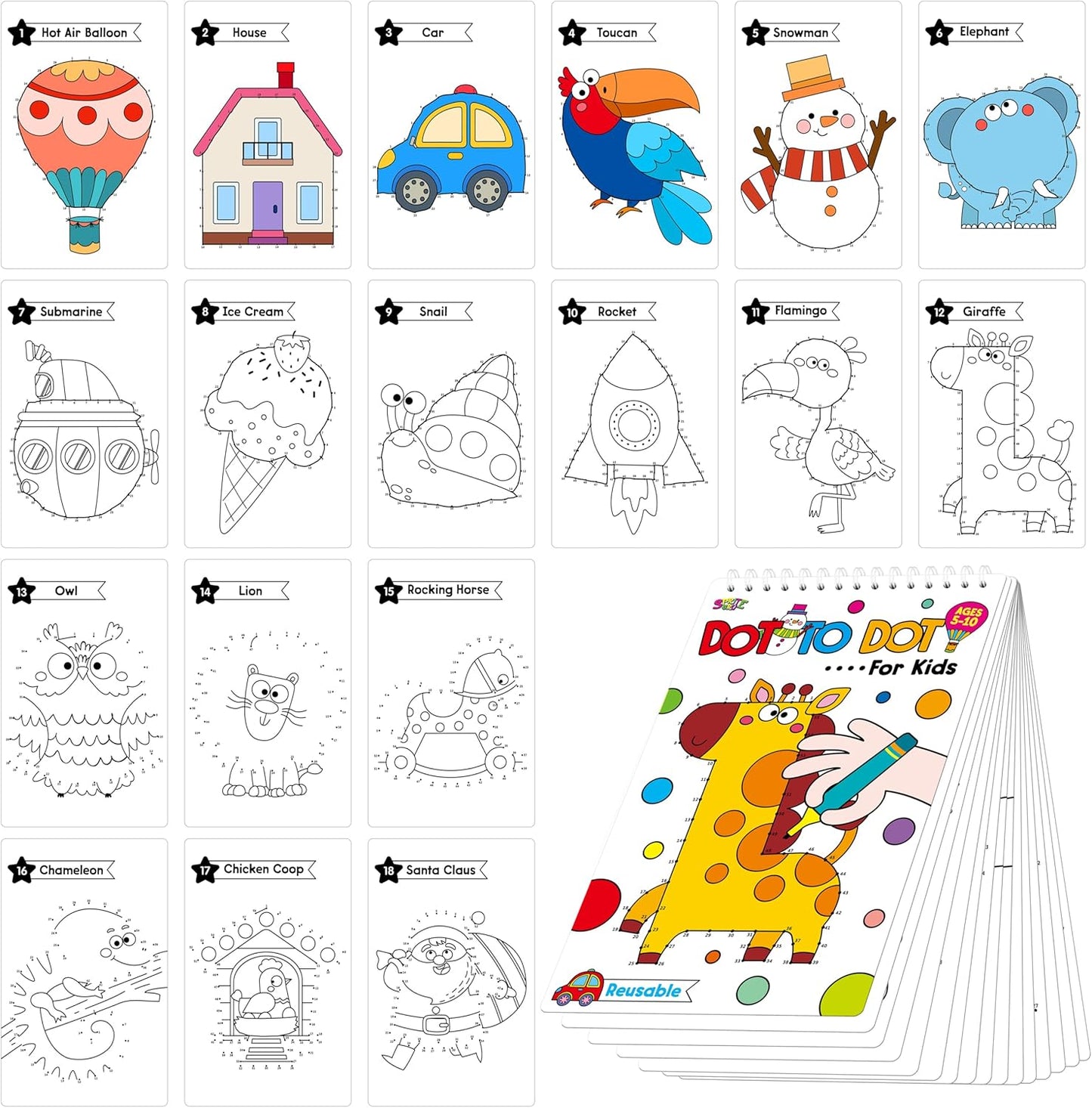 Do-to-Dot Game Pad, 30 Reusable & Erasable Number Connecting Games, Dry Erase Animal/Castle/Ship Dot to Dot Workbook for Kids, Educational Toy for Road Trip, Airplane & Car Travel Activities