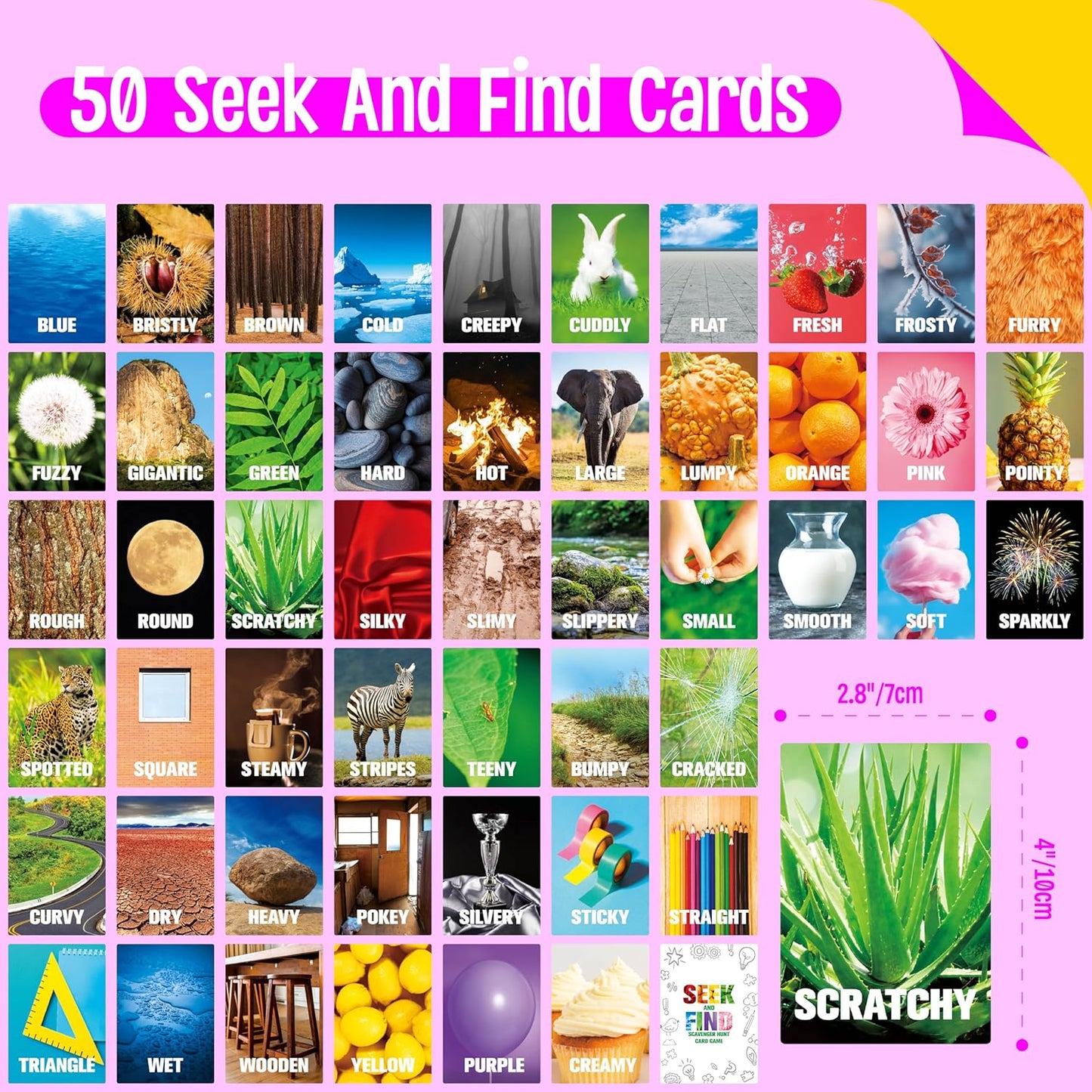 Seek and Find Scavenger Hunt Card Game, 50 Seek and Find Cards, Funny Games for Family, Toddlers, Kids, Adults-Outside, Yard, Camping Activities