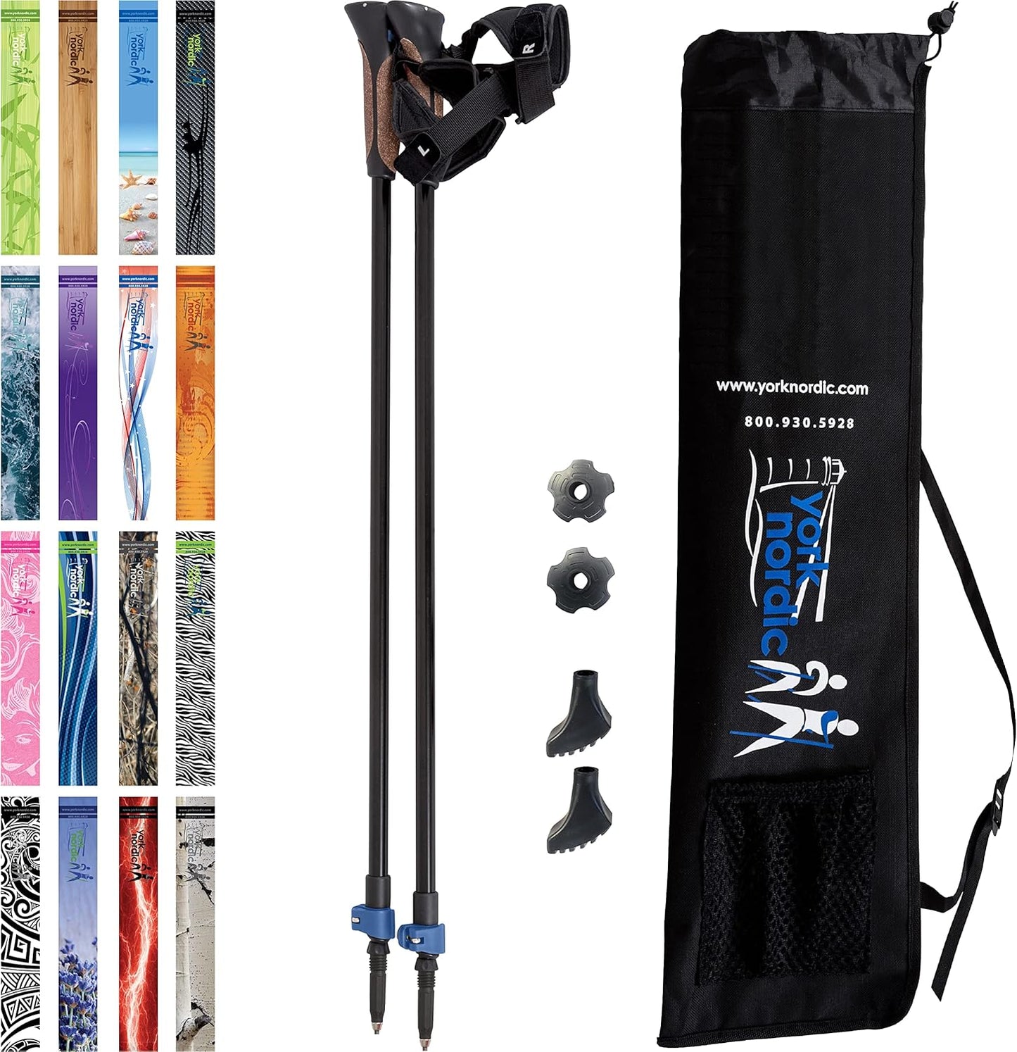 Official Nordic Walking Poles - True Classic Nordic Glove Grips, Lightweight, Adjustable, and Collapsible -2 Pieces w/flip Locks, Detachable Feet and Travel Bag by York Nordic - Heights 5'4"-6'2"