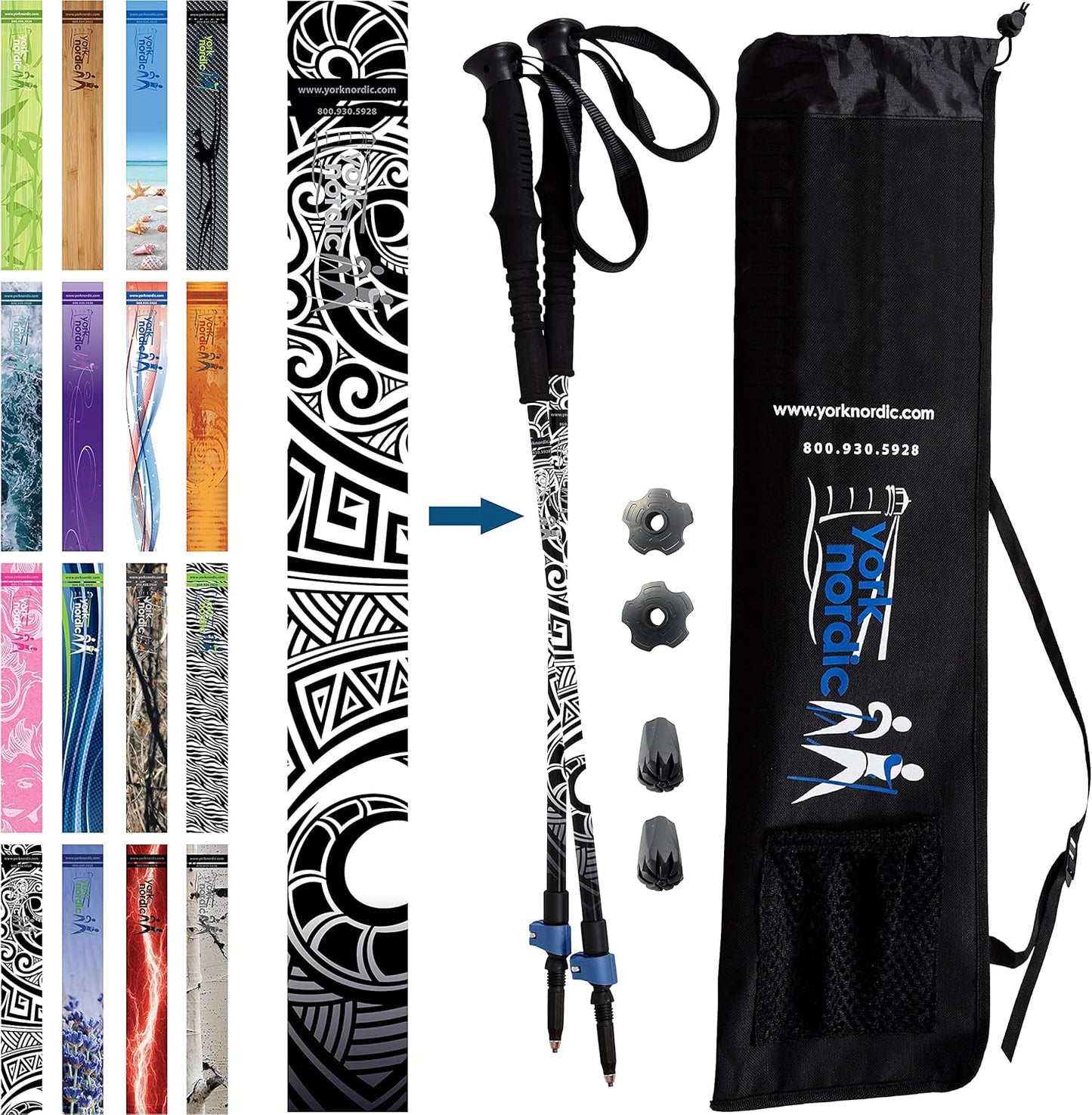 York Nordic Hiking & Walking Poles - Cushion Foam Grips w/Nordic Strap - Lightweight, Adjustable, and Great for Balance -2 Pieces w/Flip Locks, and Travel Bag - Heights 5'4"-6'2"