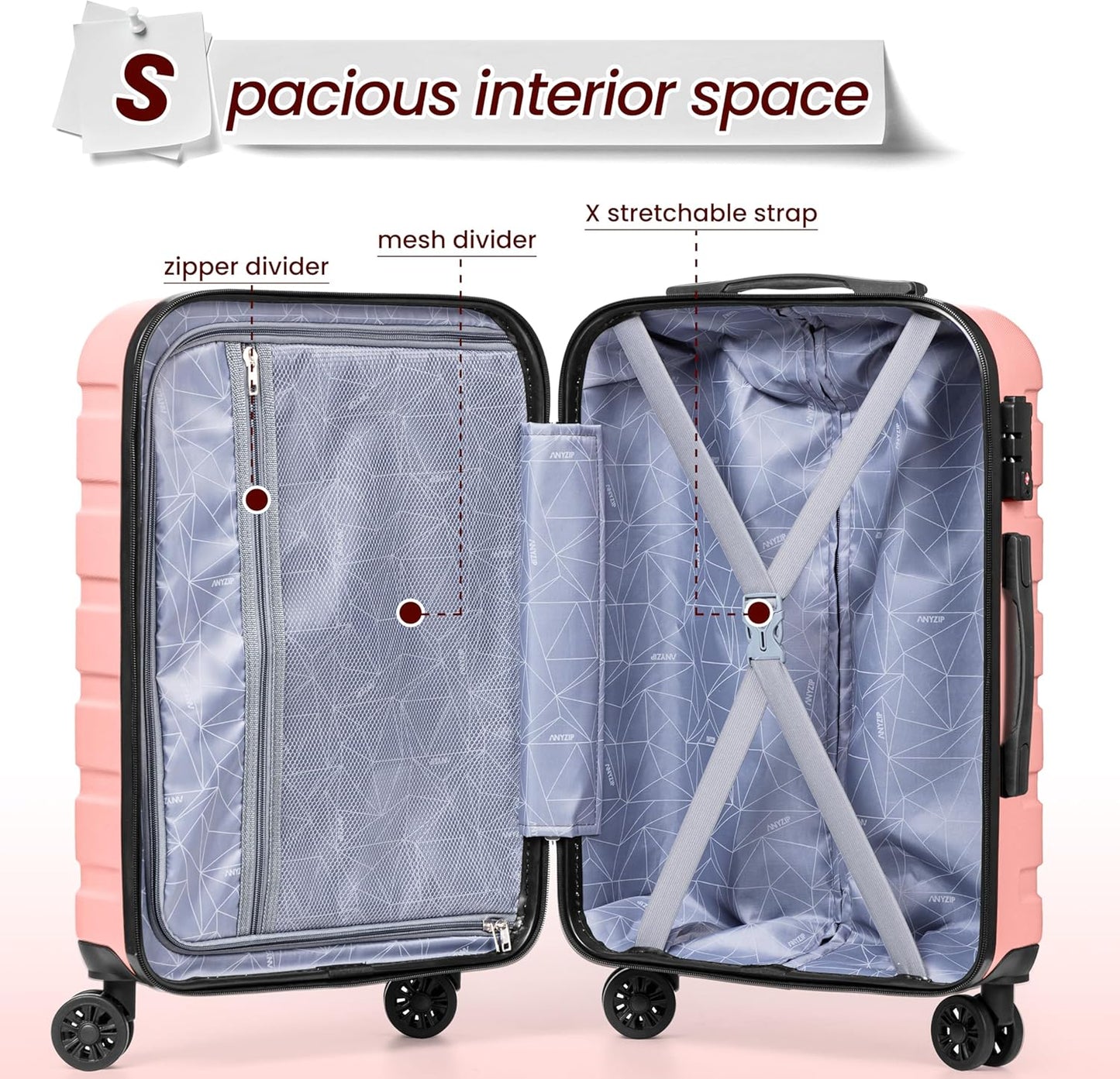 AnyZip Luggage Sets 4 Piece Hardshell Suitcase Set PC ABS Lightweight Travel Suitcases with 4 Double Spinner Wheels TSA Lock 20 24 28 32 Inch Pink