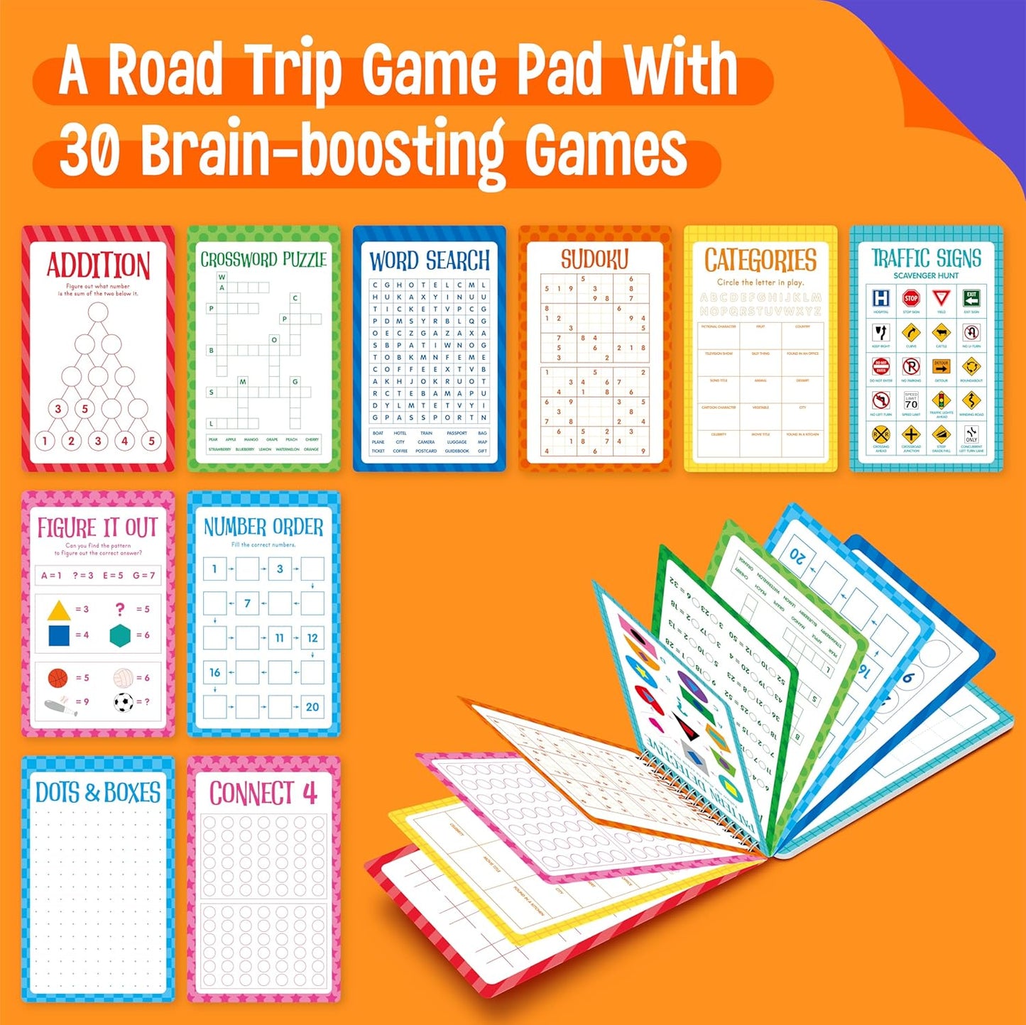 Logic Puzzles Game Pad, 30 Reusable & Erasable Logical Thinking Games-Sudoku, Scavenger Hunt, Math Games, Dry Erase Brain-Boosting Puzzles Activities Pad for Kids, Road Trip, Airplane & Car Travel