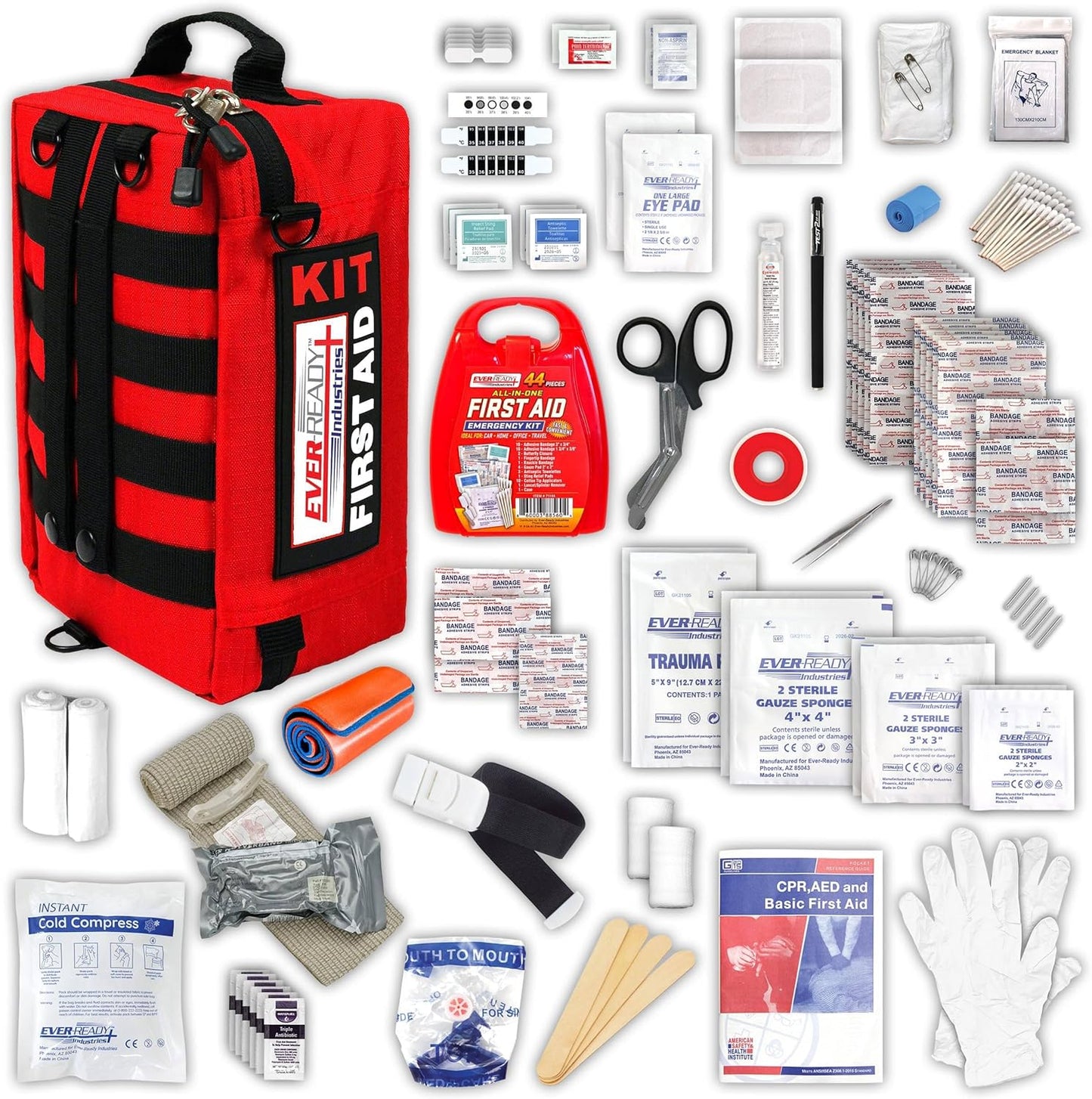 Ever-Ready Industries Premium Trauma First Aid Kit for Outdoors, Workplace, and Home - Exceed OSHA Guidelines and ANSI 2009 Standards - 240 Pieces - Includes Bonus Travel Kit