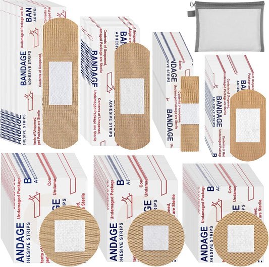 500 Pcs Small Flexible Fabric Adhesive Bandages Variety Pack 7 Styles Fingertip Knuckle Bandages Round Bandage for First Aid and Wound Care, Protection Minor Cuts & Scrapes, Cushion Painful Wounds