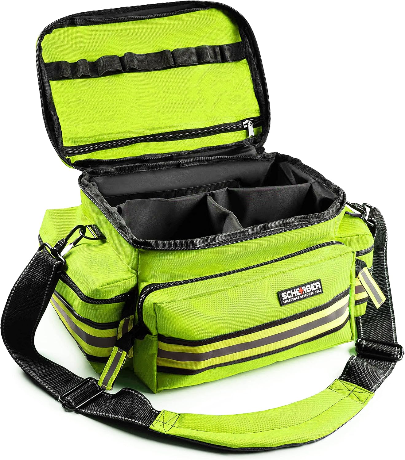 Scherber First Responder Fully-Stocked Professional Essentials EMT/EMS Trauma Kit | HSA/FSA Approved | Reflective Bag w/8 Zippered Pockets & Compartments & 200+ First Aid Supplies - Yellow