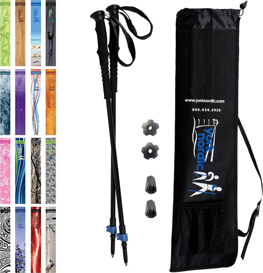 York Nordic Hiking & Walking Poles - Cushion Foam Grips w/Nordic Strap - Lightweight, Adjustable, and Great for Balance -2 Pieces w/Flip Locks, and Travel Bag - Heights 5'4"-6'2"