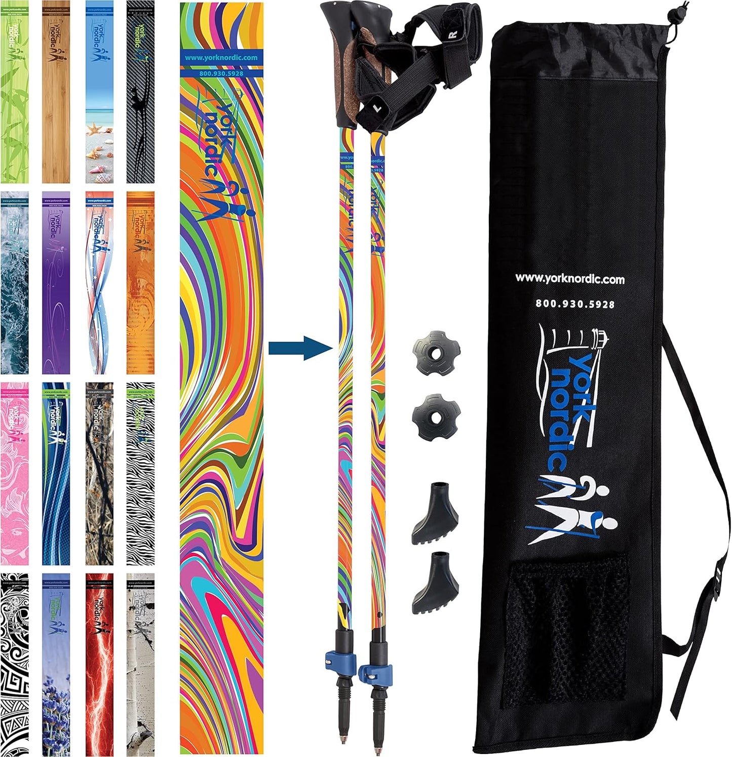 Official Nordic Walking Poles - True Classic Nordic Glove Grips, Lightweight, Adjustable, and Collapsible -2 Pieces w/flip Locks, Detachable Feet and Travel Bag by York Nordic - Heights 5'4"-6'2"