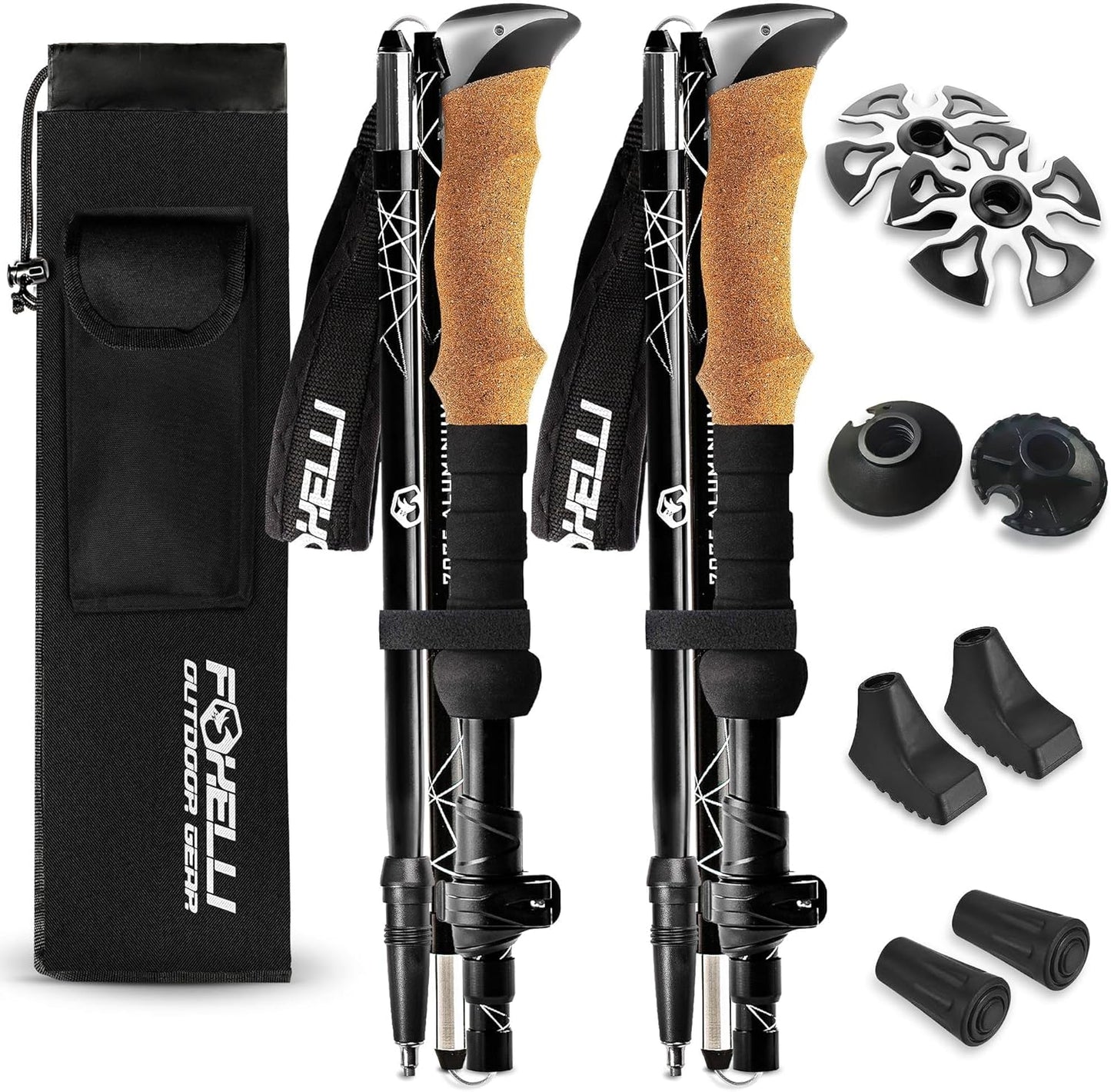 Foxelli Lightweight Trekking Poles – Compact Walking Sticks with Quick Locks, Ergonomic Cork Grip & All-Terrain Accessories – Adjustable Collapsible Poles for Travel & Hiking